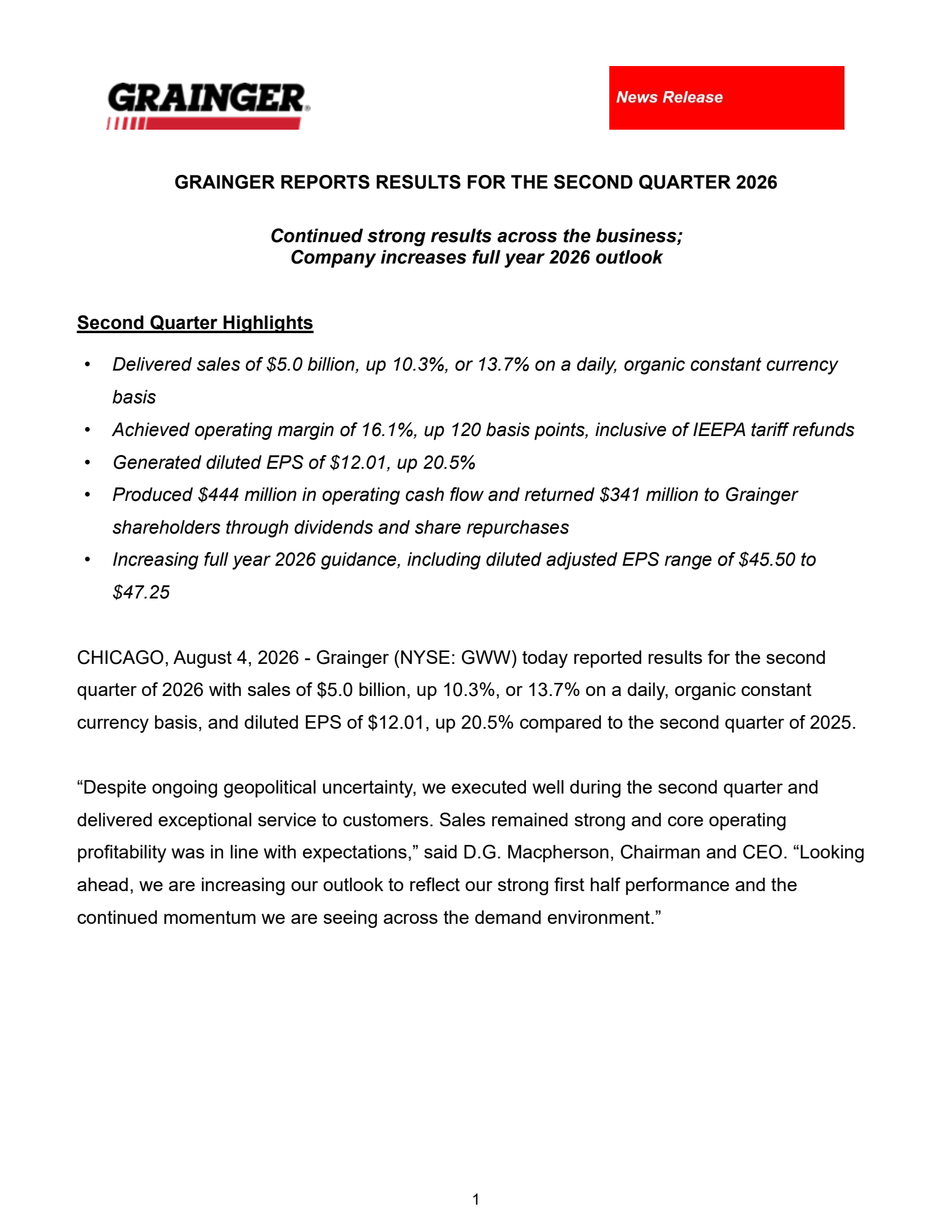 W.W. Grainger's Q2 2026 Press Release