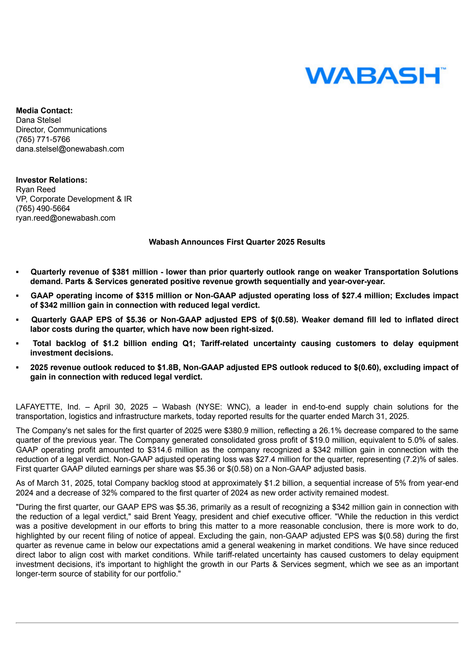 Wabash National's Q1 2025 Press Release