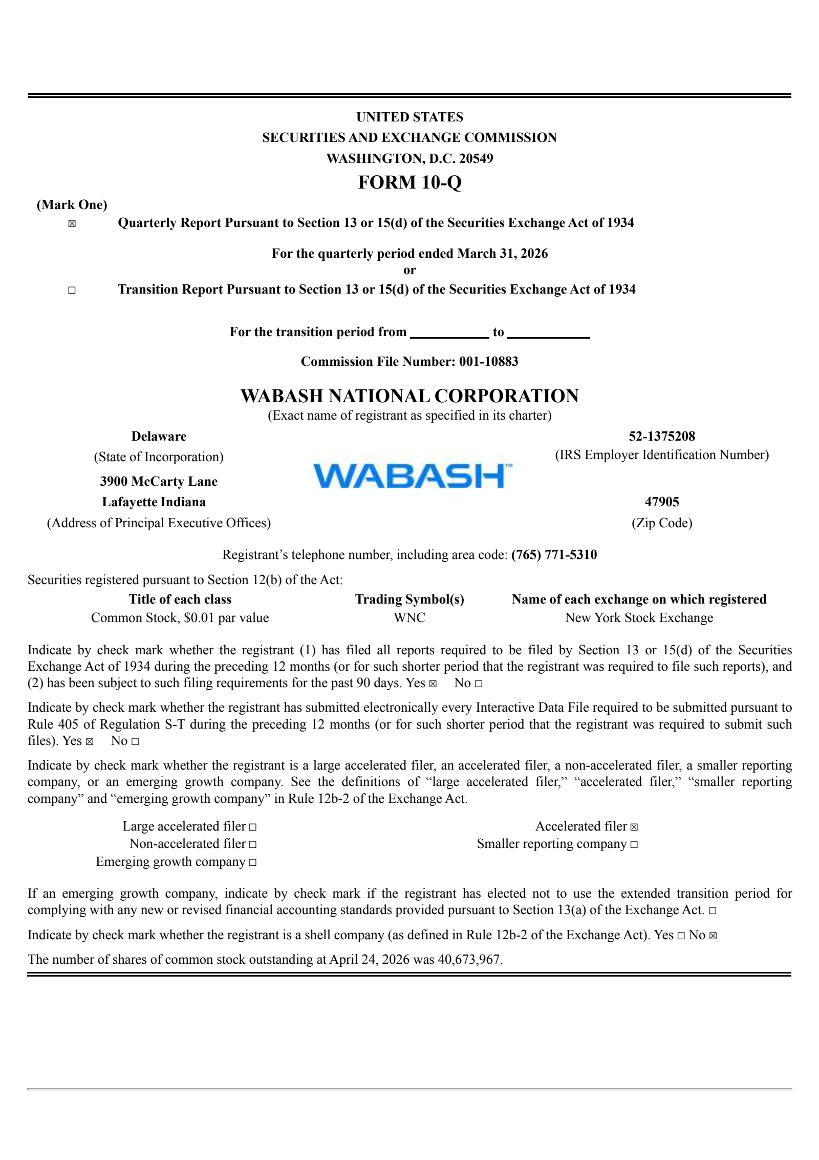 Wabash National's Q1 2026 Quarterly report