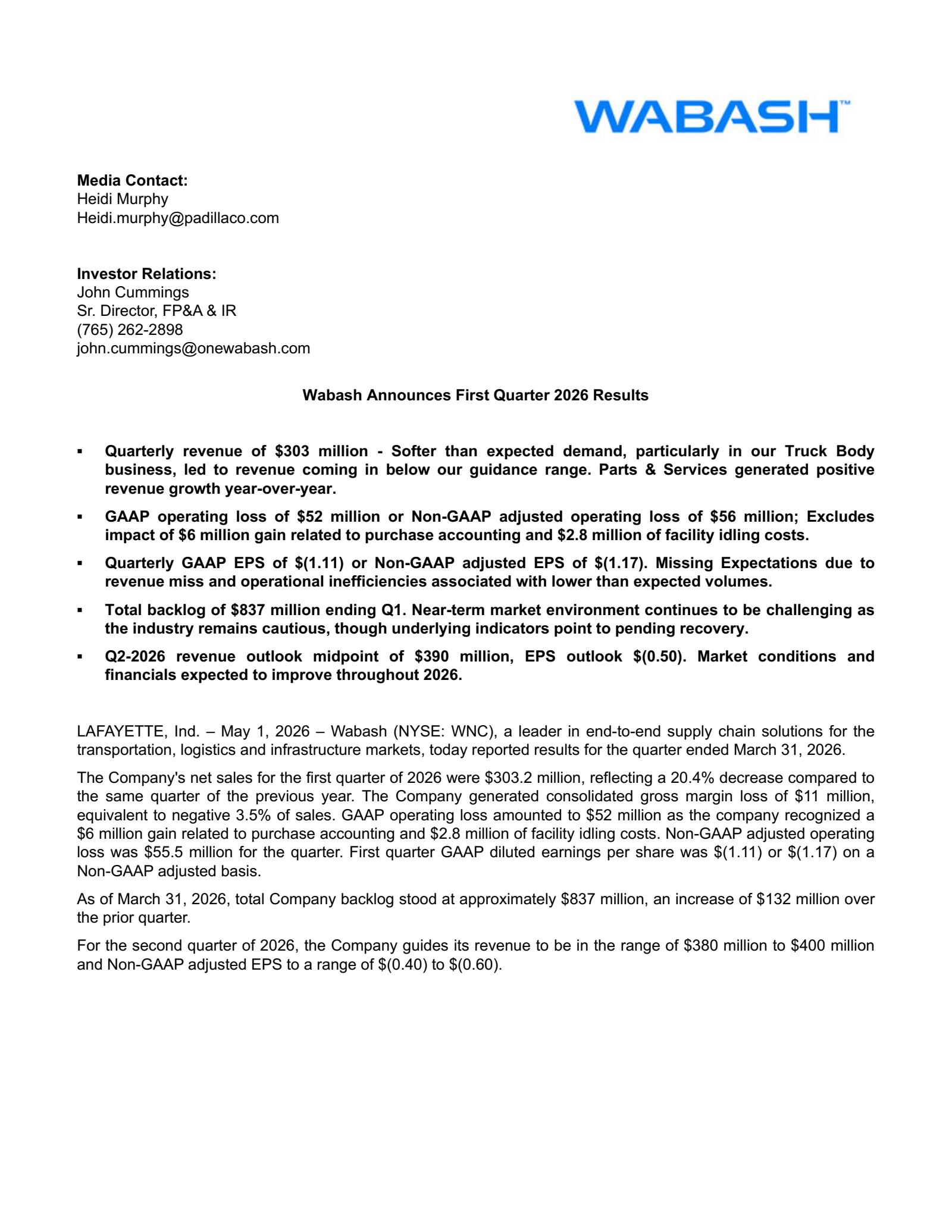 Wabash National's Q1 2026 Press Release