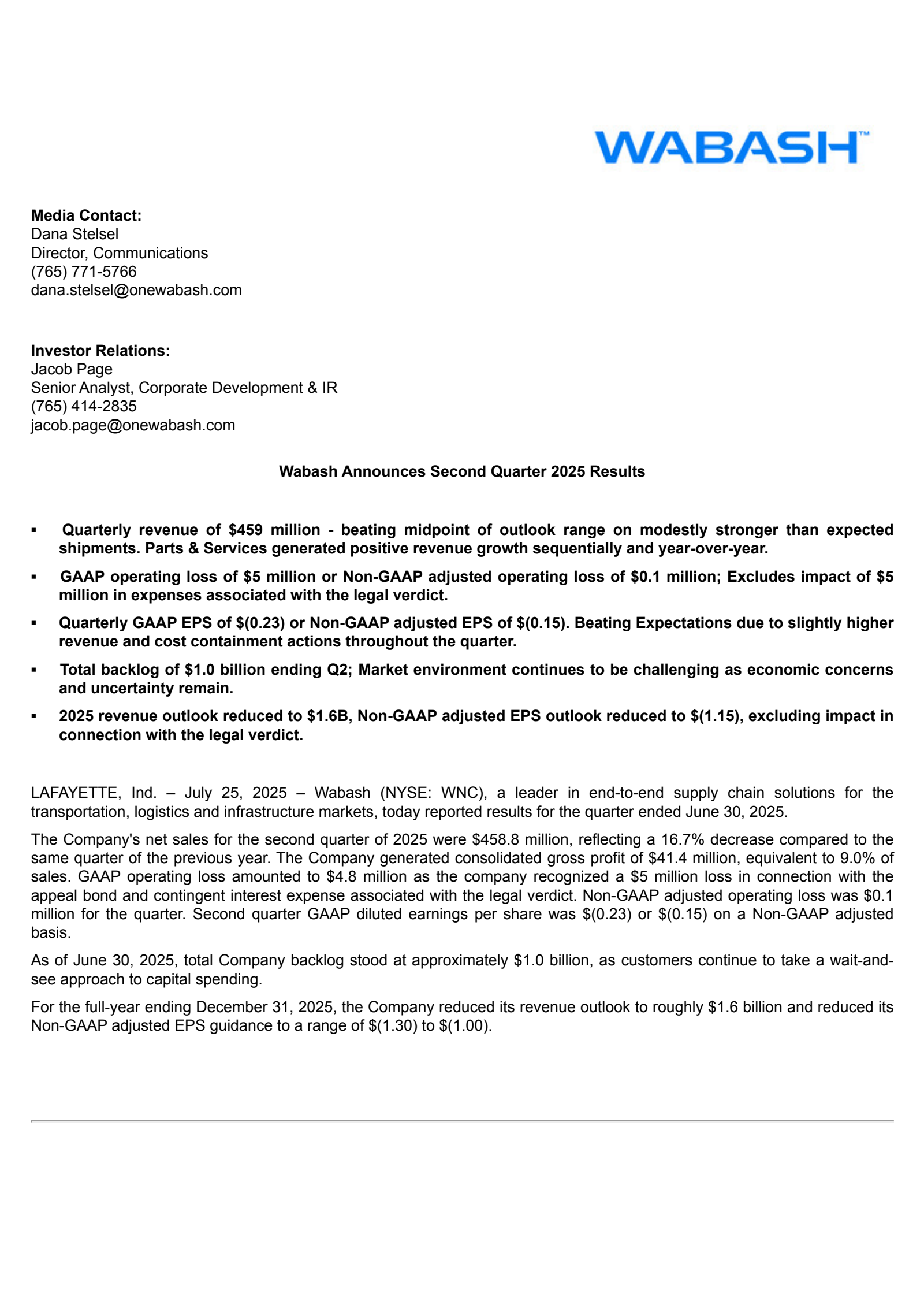 Wabash National's Q2 2025 Press Release