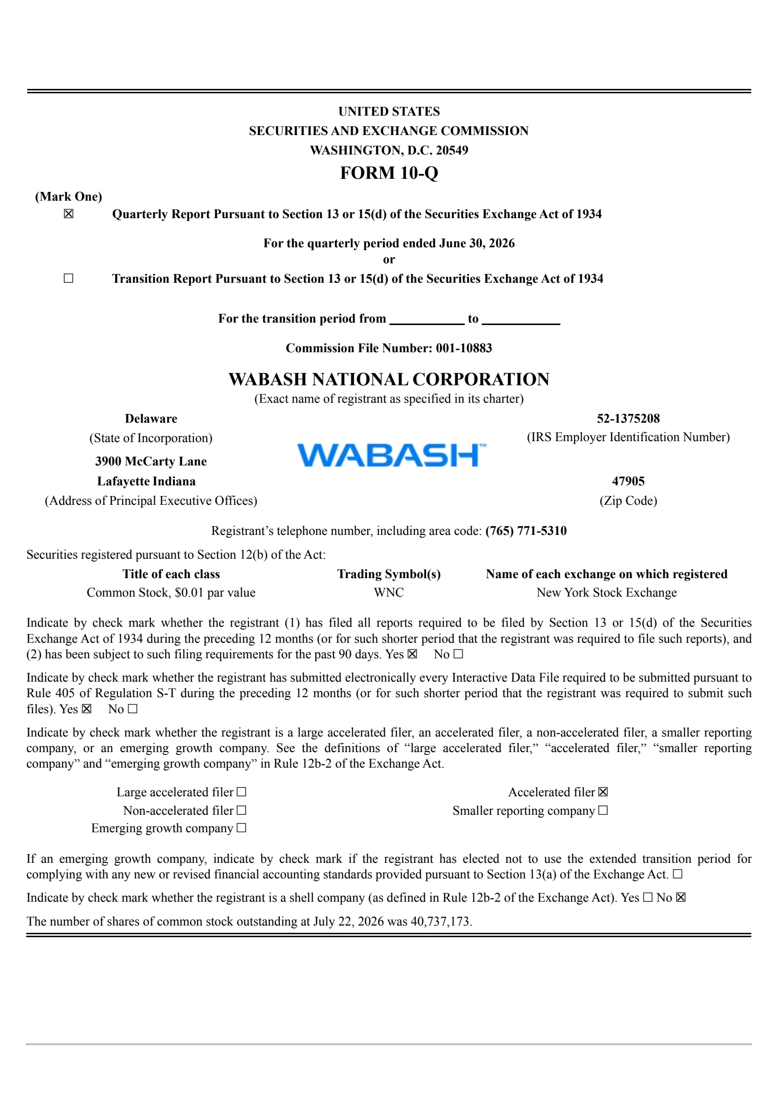 Wabash National's Q2 2026 Quarterly report