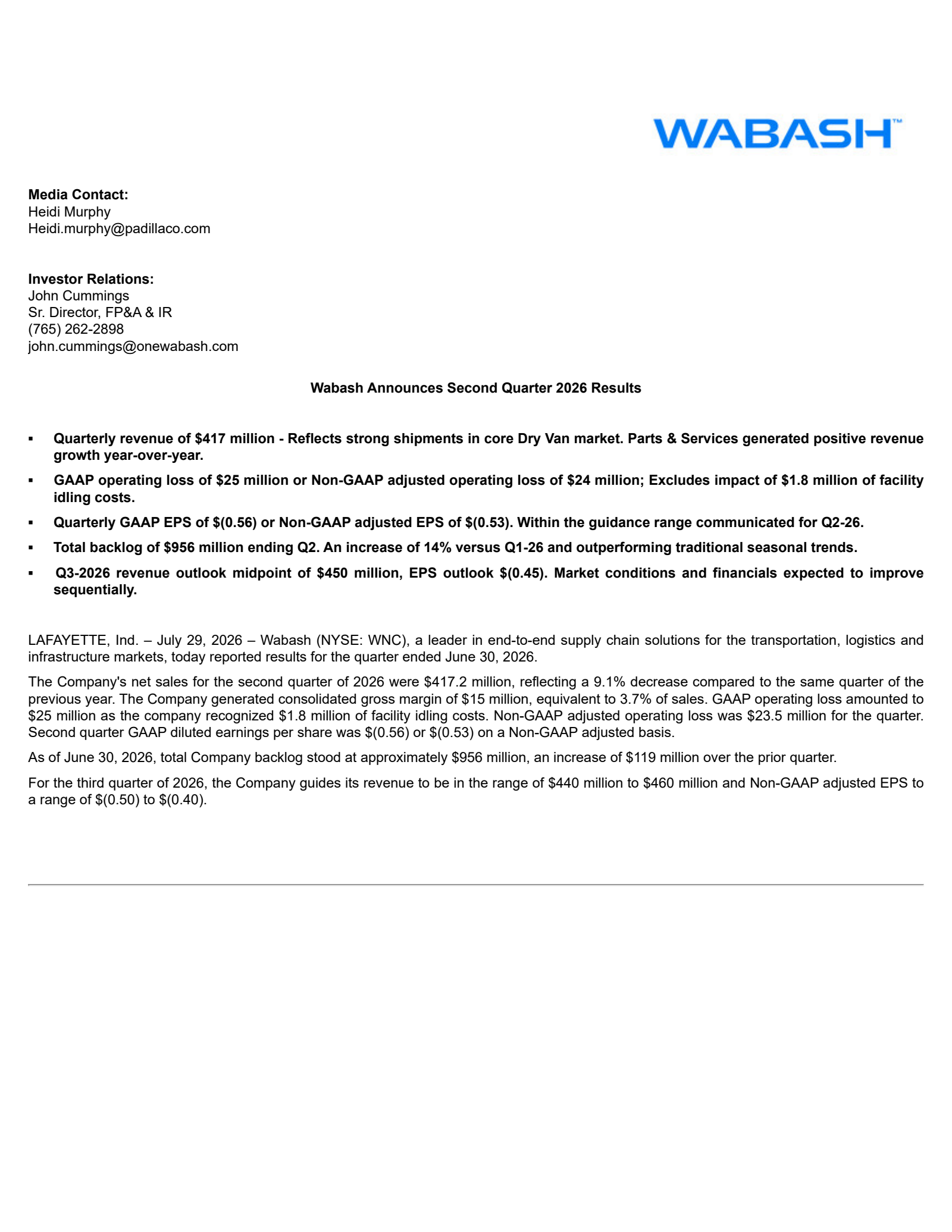 Wabash National's Q2 2026 Press Release