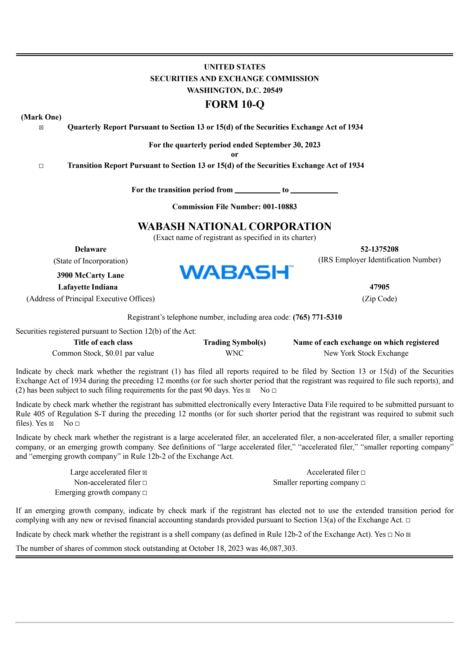 Wabash National's Q3 2023 Quarterly report