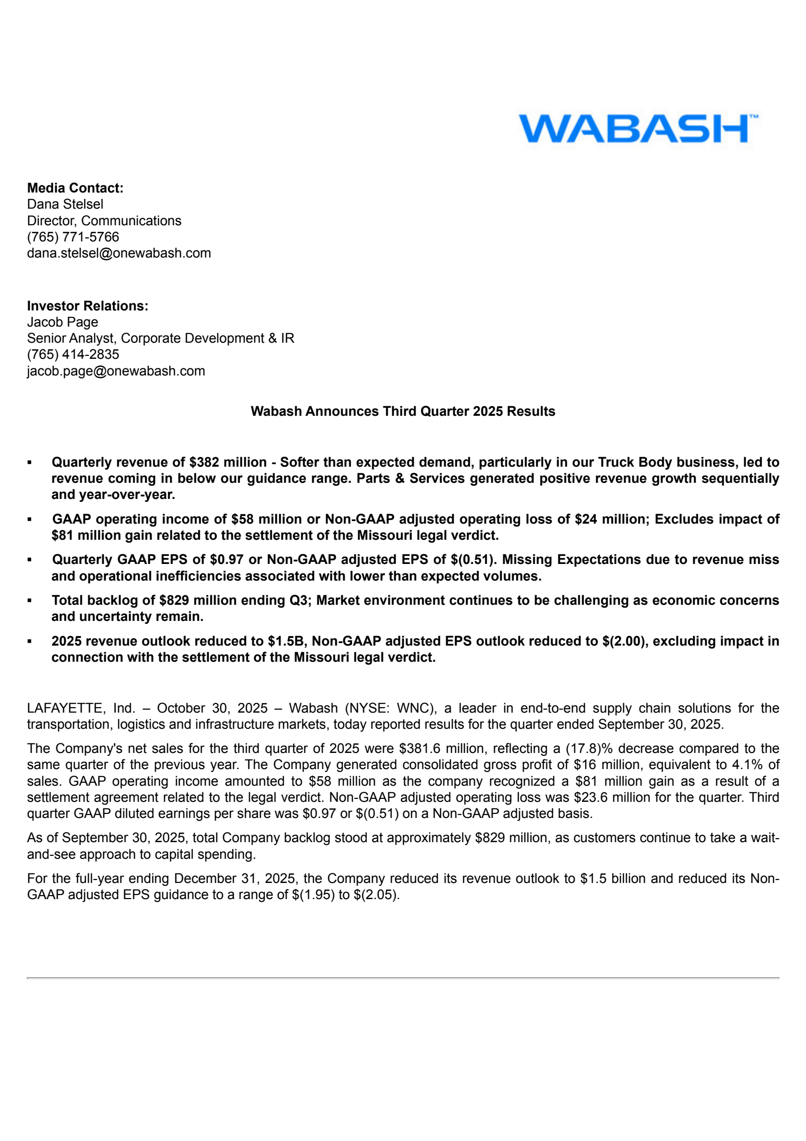 Wabash National's Q3 2025 Earnings Release