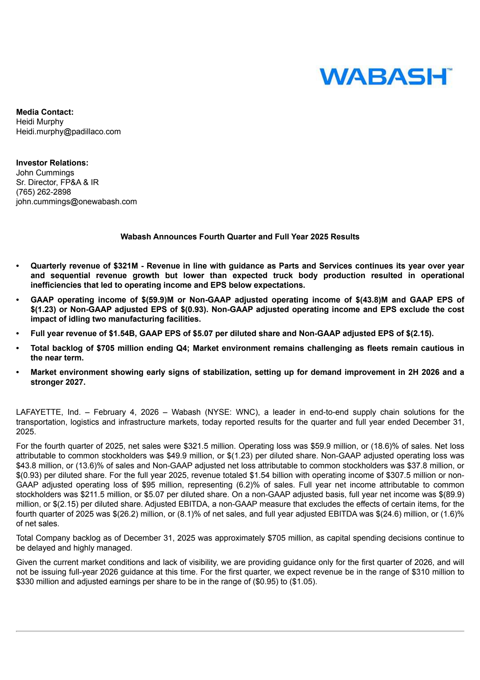 Wabash National's Q4 2025 Press Release
