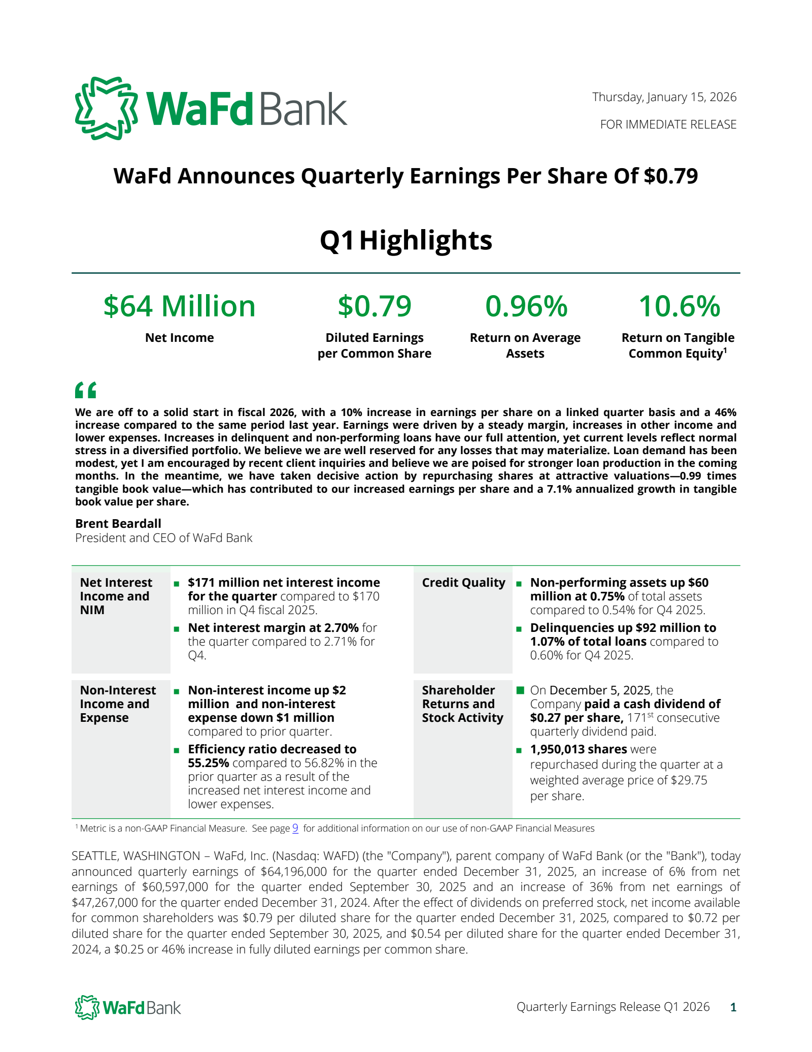 WaFd's Q1 2026 Press Release
