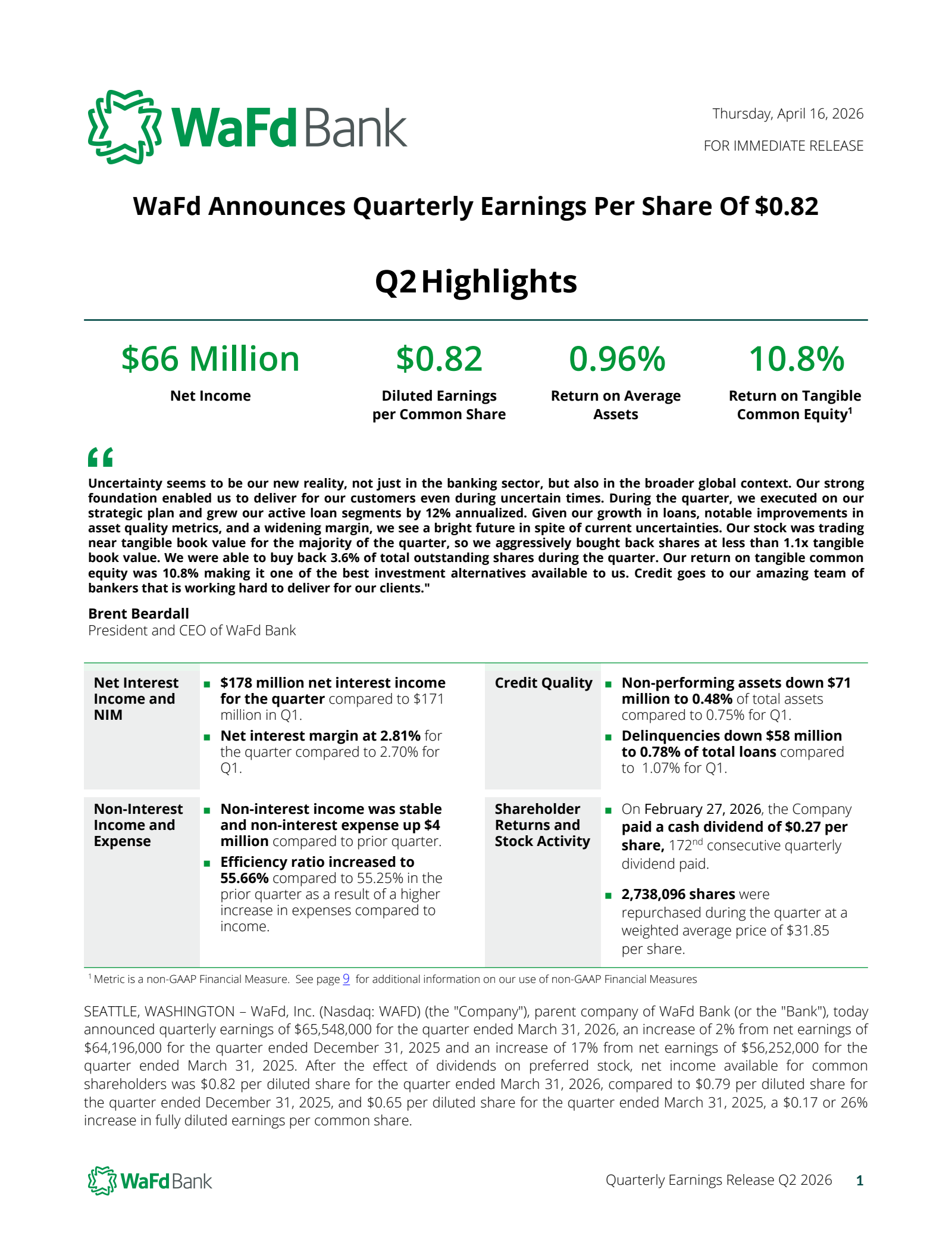 WaFd's Q2 2026 Press Release