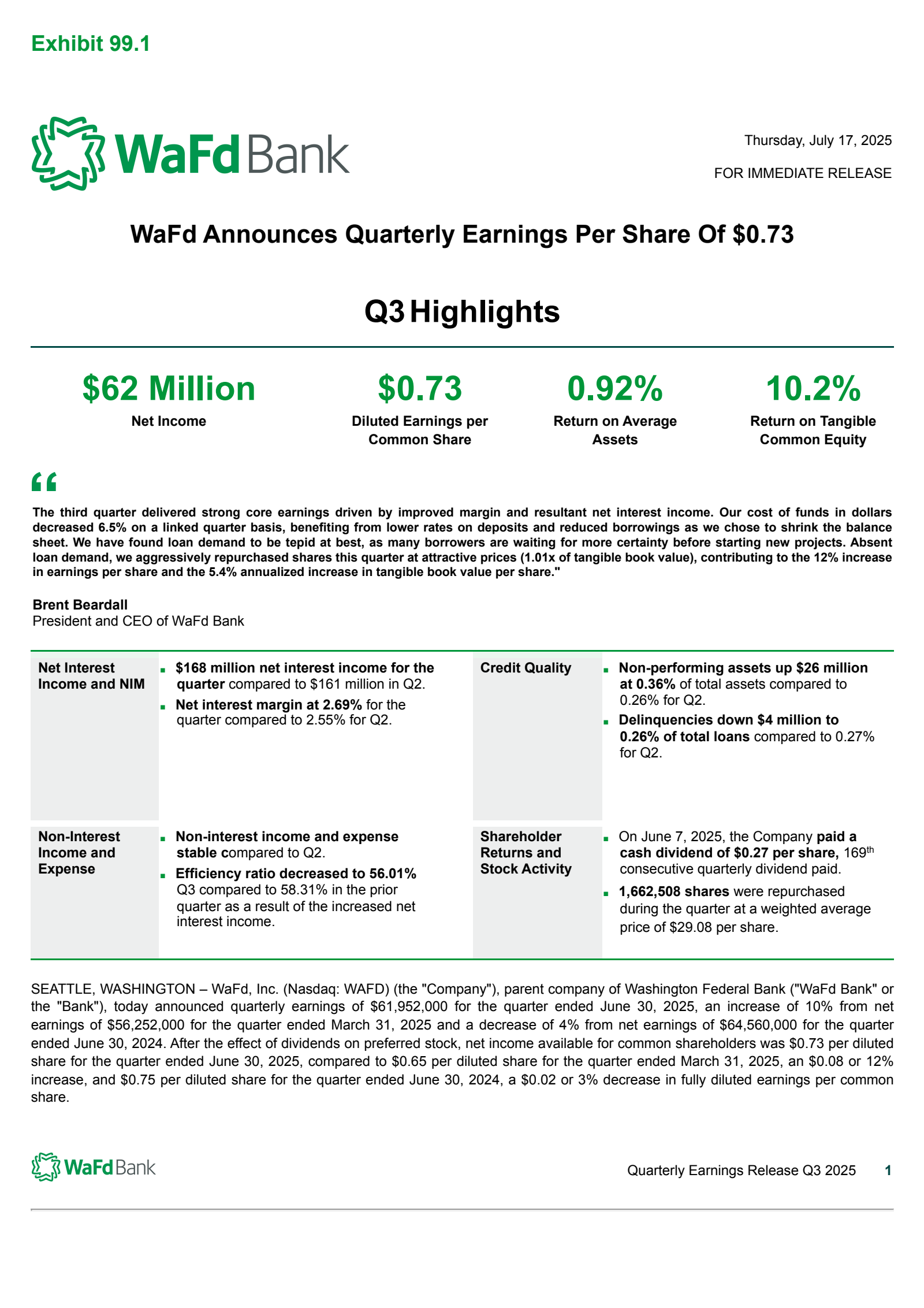 WaFd's Q3 2025 Press Release