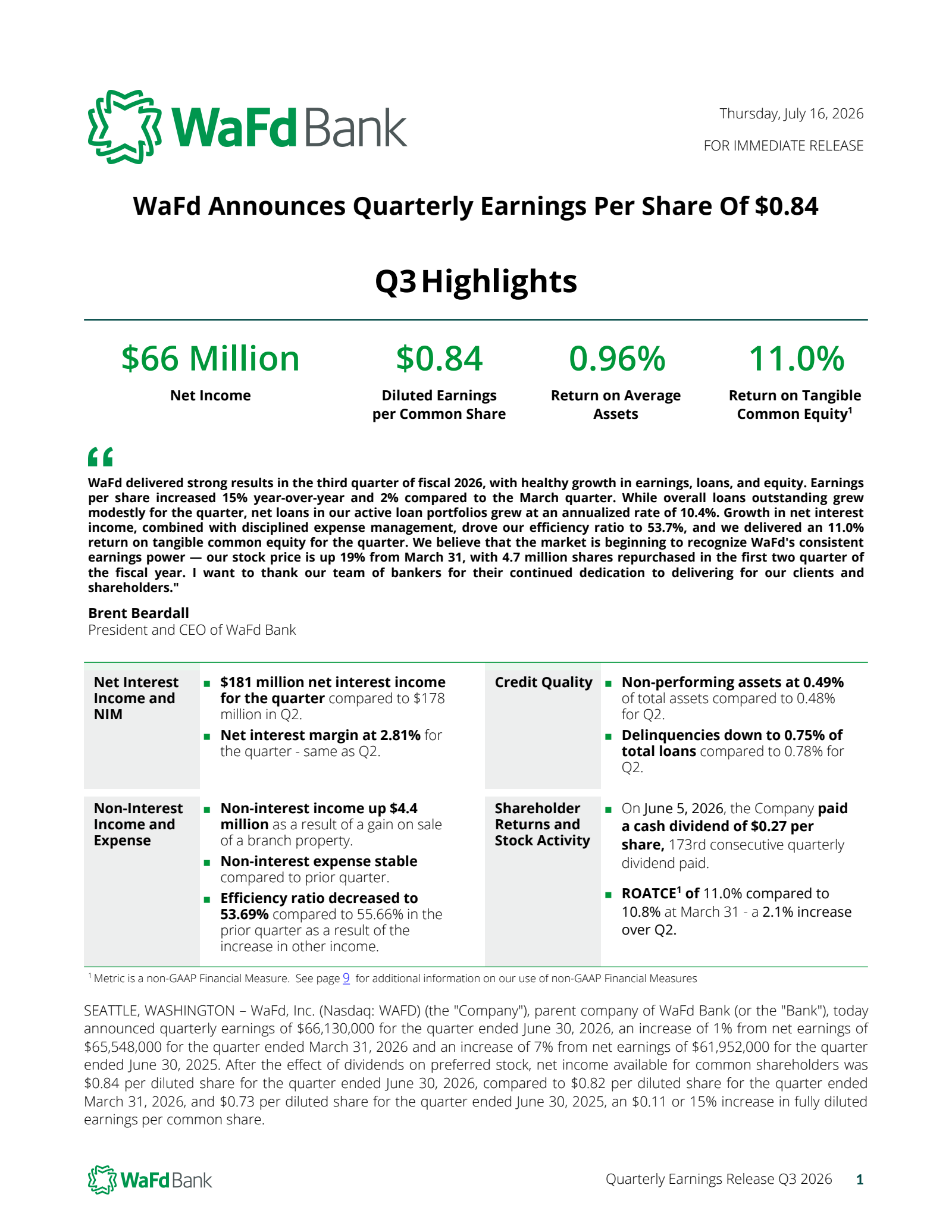 WaFd's Q3 2026 Press Release