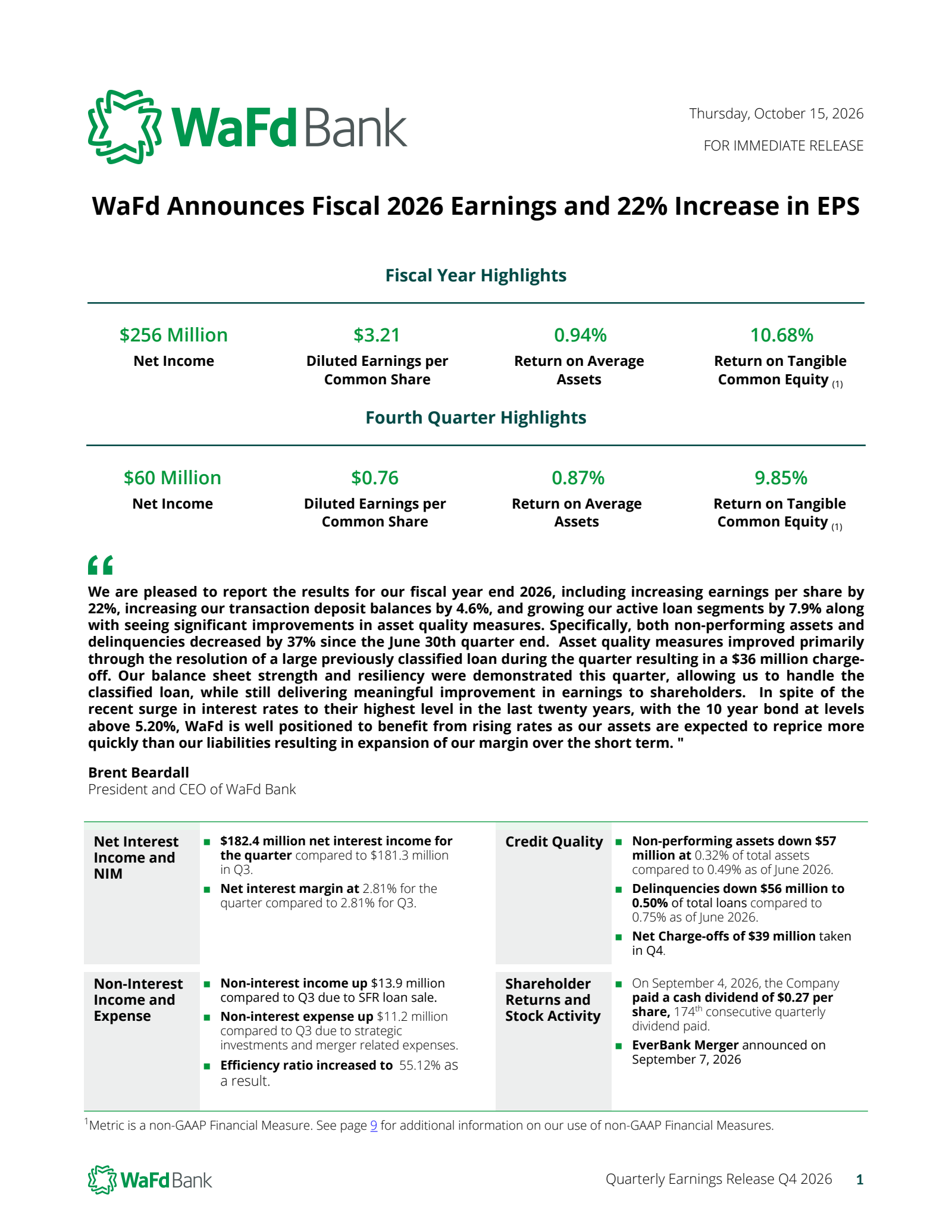 WaFd's Q4 2026 Press Release