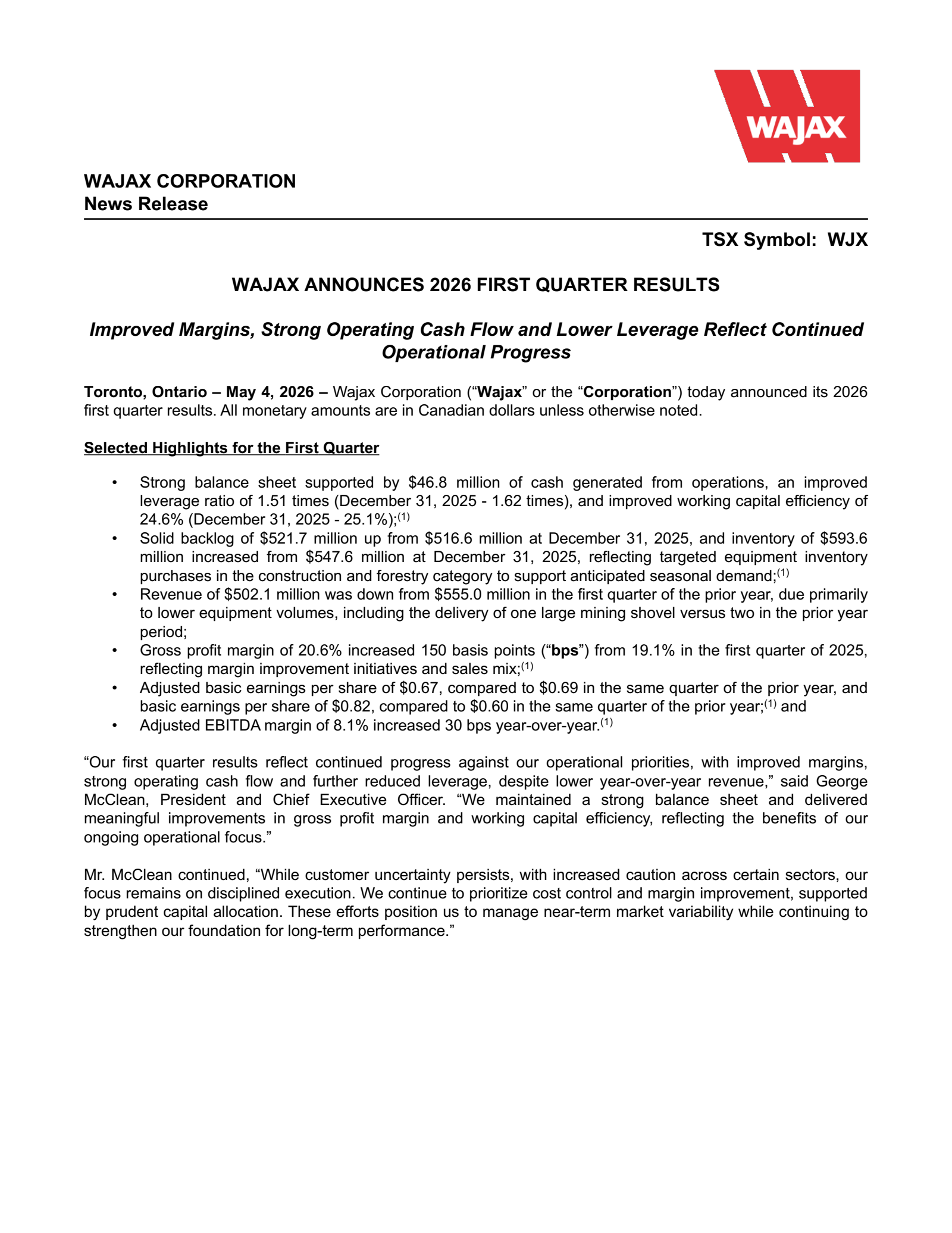 Wajax's Q1 2026 Press Release