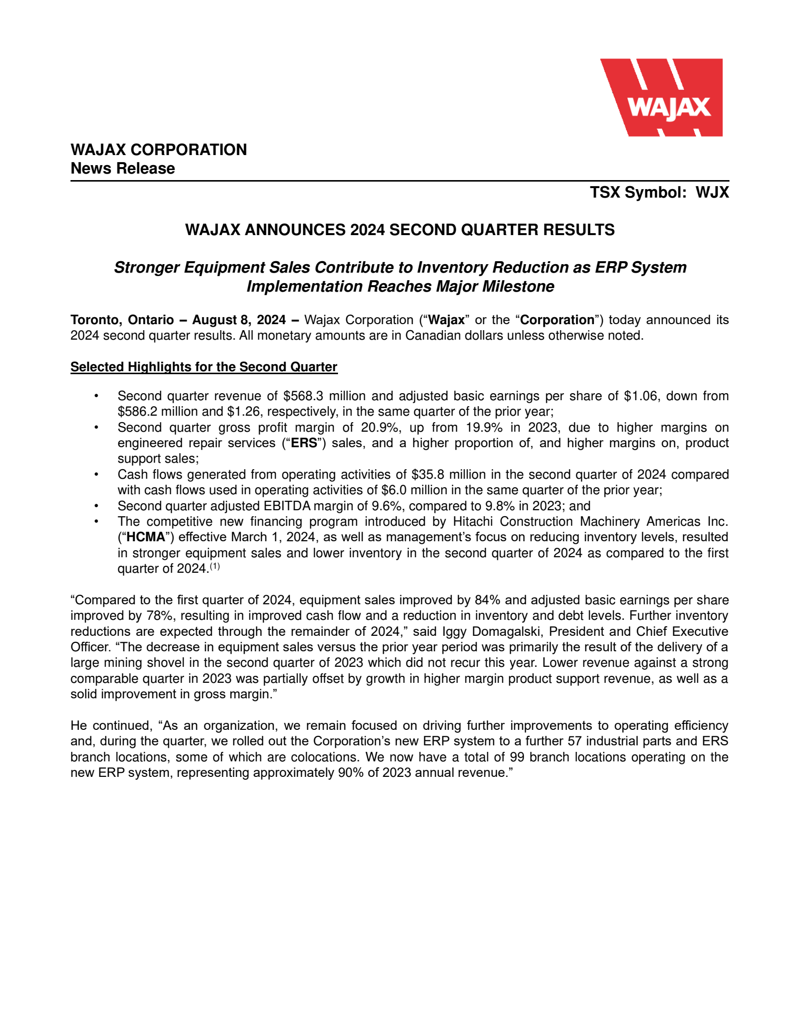 Wajax's Q2 2024 Press Release