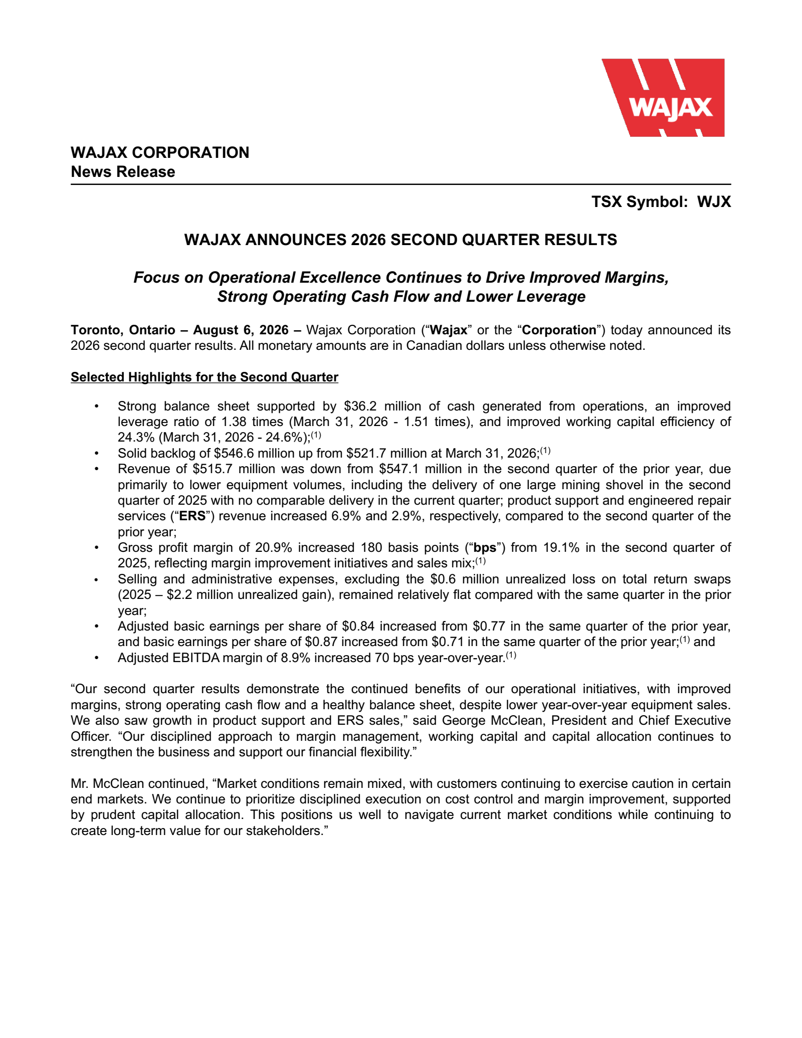 Wajax's Q2 2026 Press Release