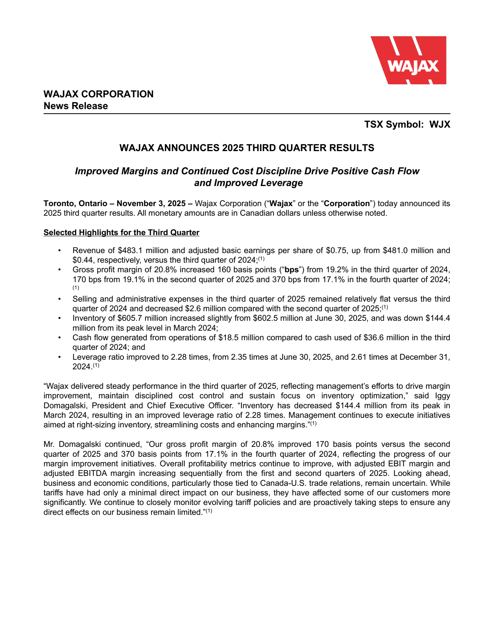 Wajax's Q3 2025 Earnings Release