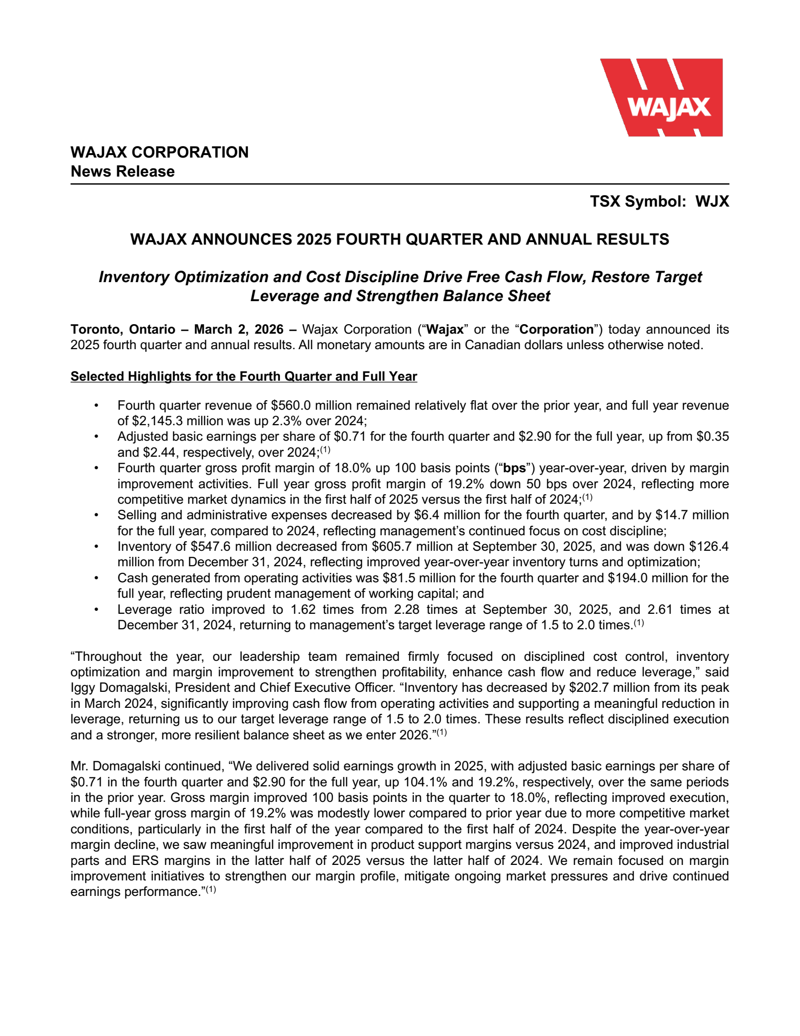 Wajax's Q4 2025 Press Release