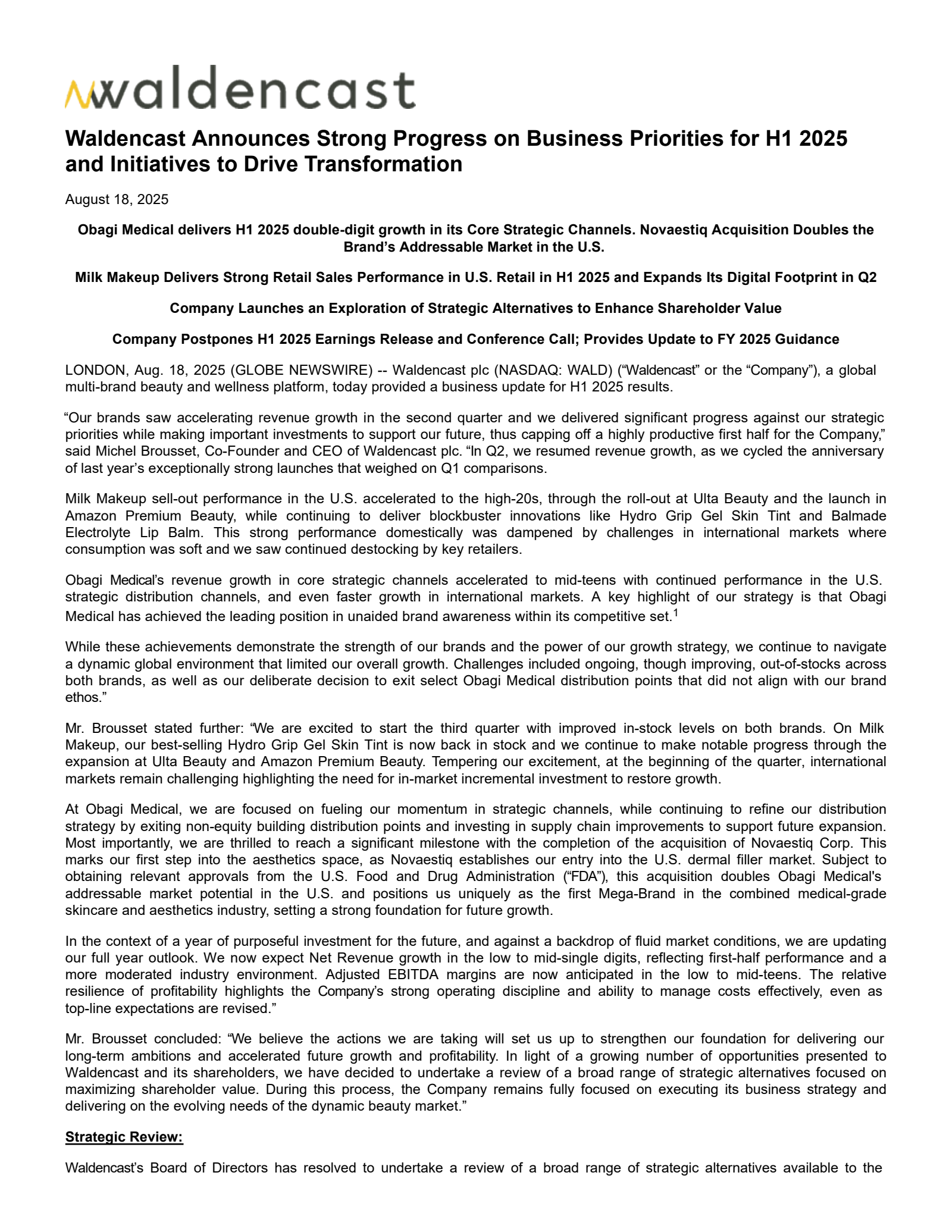 Waldencast's Q2 2025 Press Release
