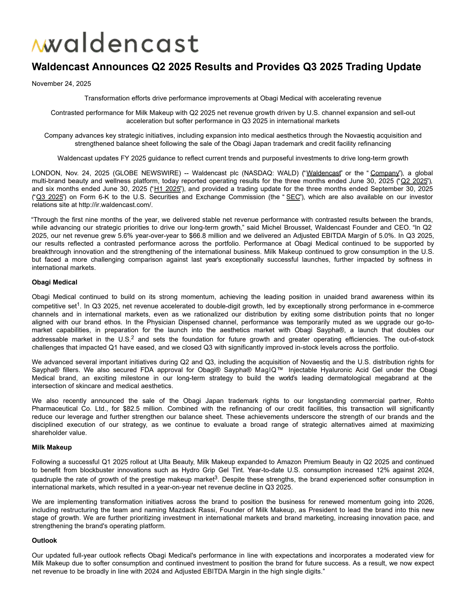 Waldencast's Q2 2025 & Q3 2025 Trading Update Earnings Release