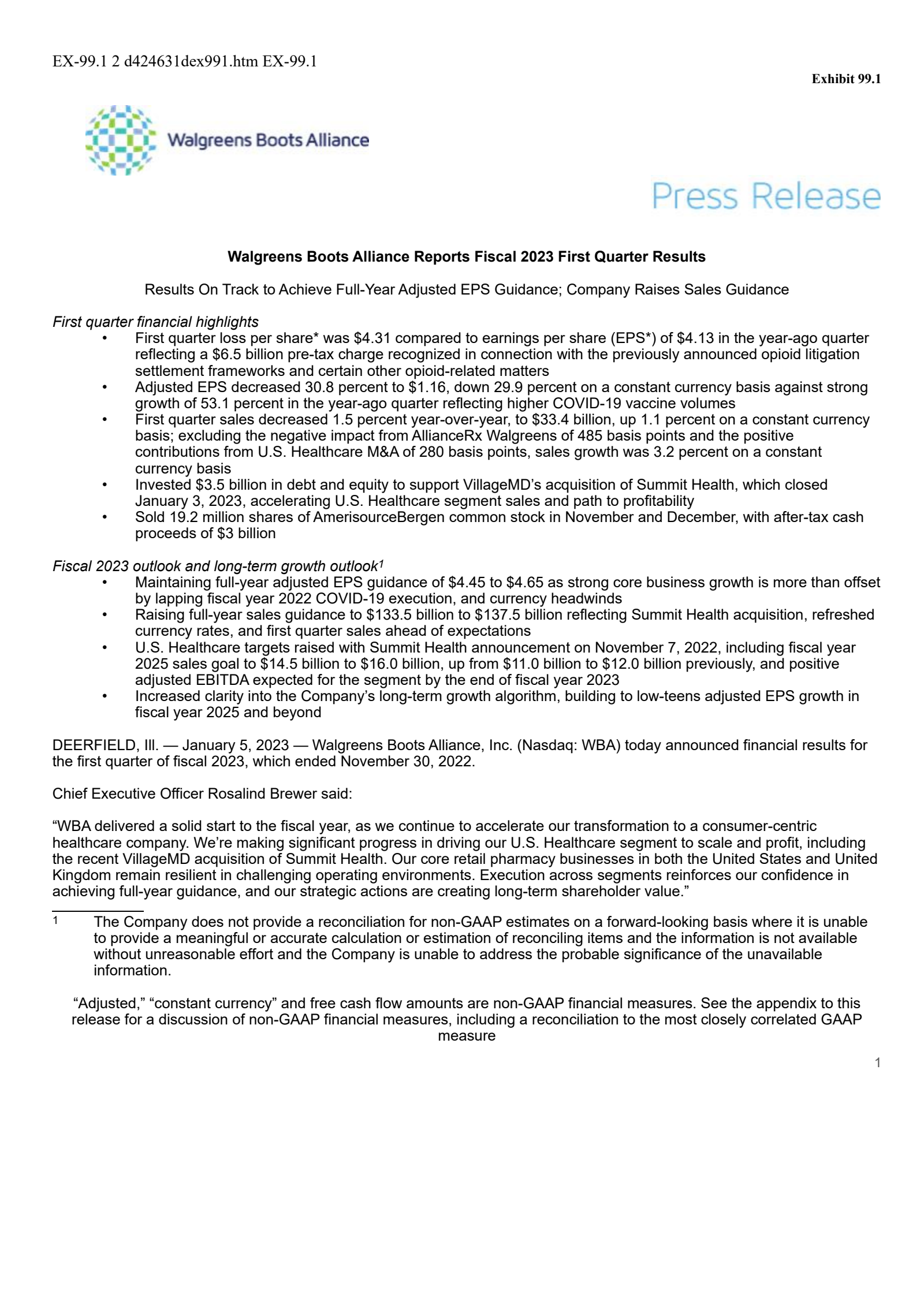 Walgreens Boots Alliance's Q1 2023 Press Release