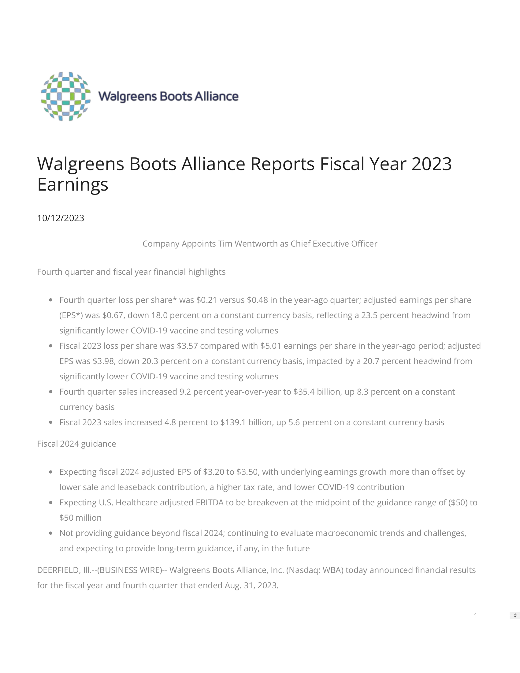 Walgreens Boots Alliance's Q4 2023 Press Release