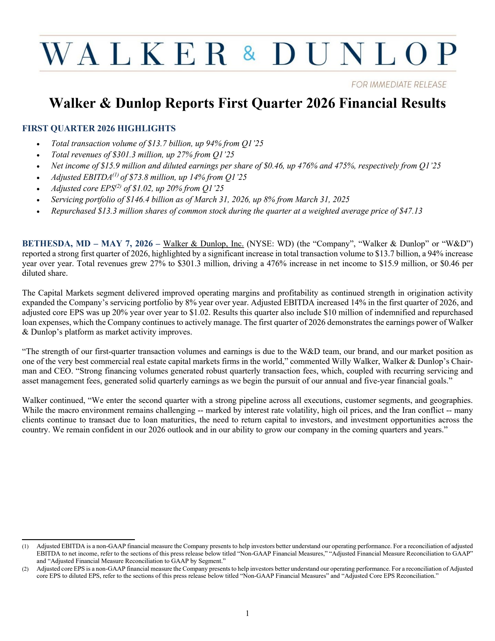 Walker & Dunlop's Q1 2026 Press Release
