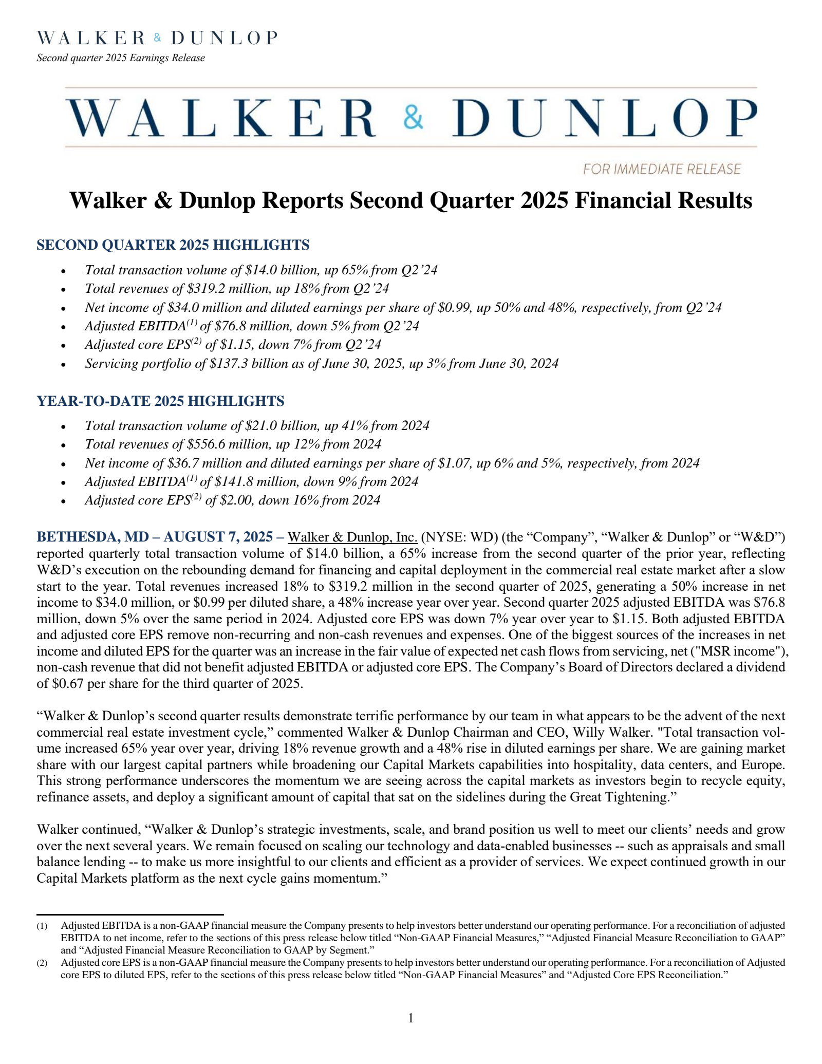 Walker & Dunlop's Q2 2025 Press Release