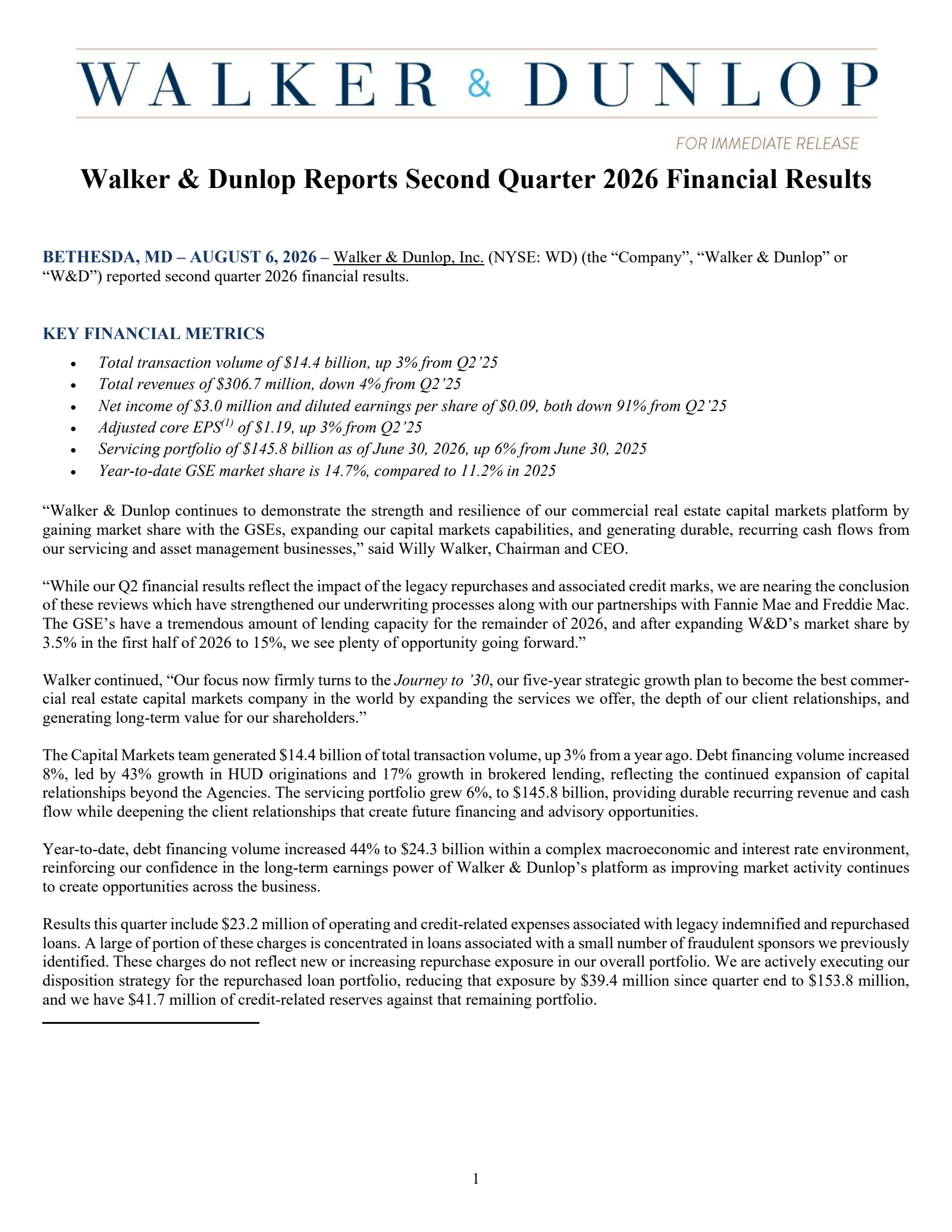 Walker & Dunlop's Q2 2026 Press Release