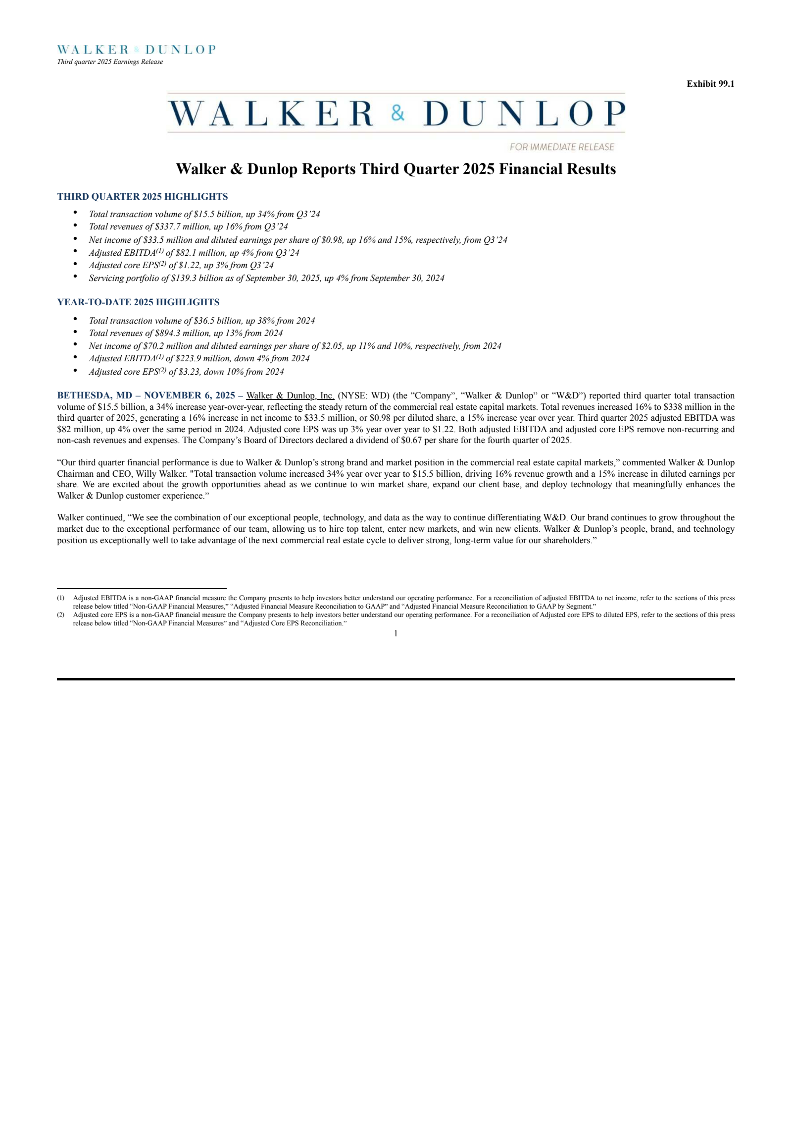 Walker & Dunlop's Q3 2025 Earnings Release
