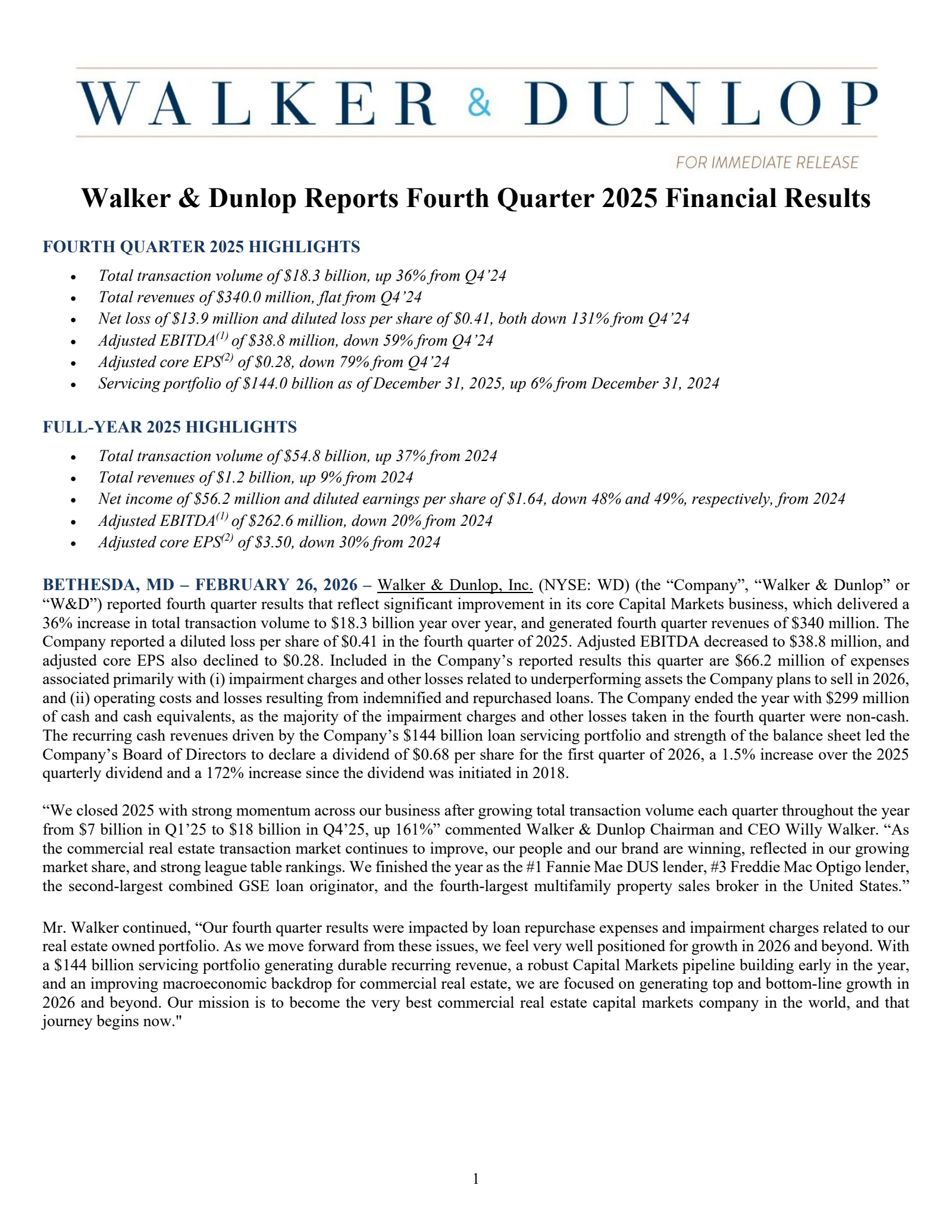Walker & Dunlop's Q4 2025 Press Release