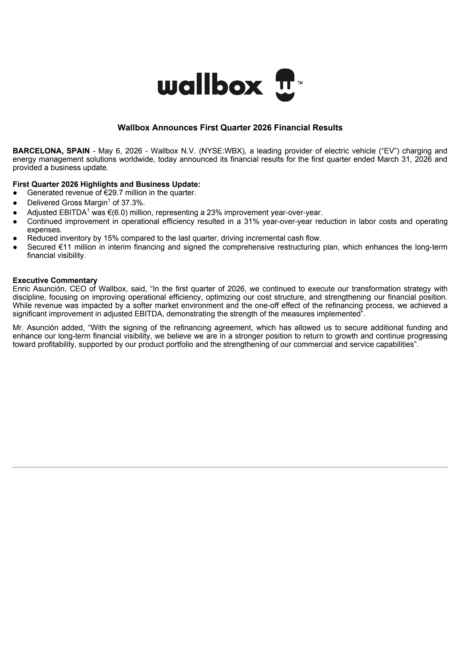 Wallbox's Q1 2026 Press Release