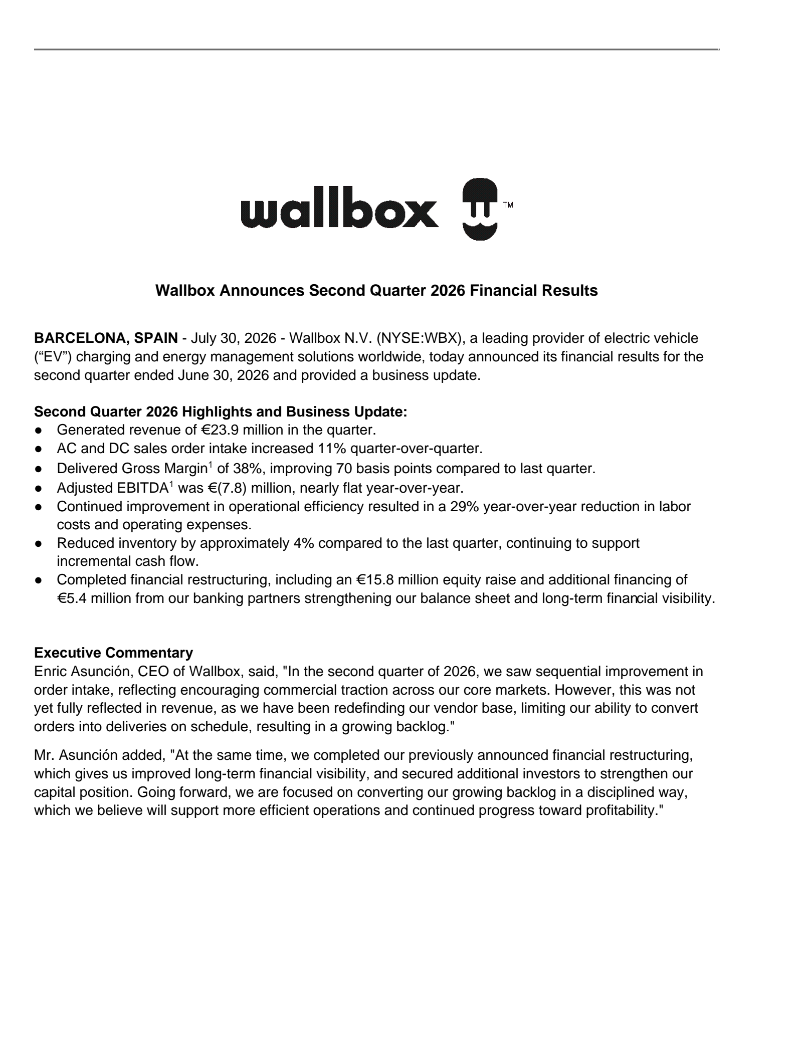 Wallbox's Q2 2026 Press Release