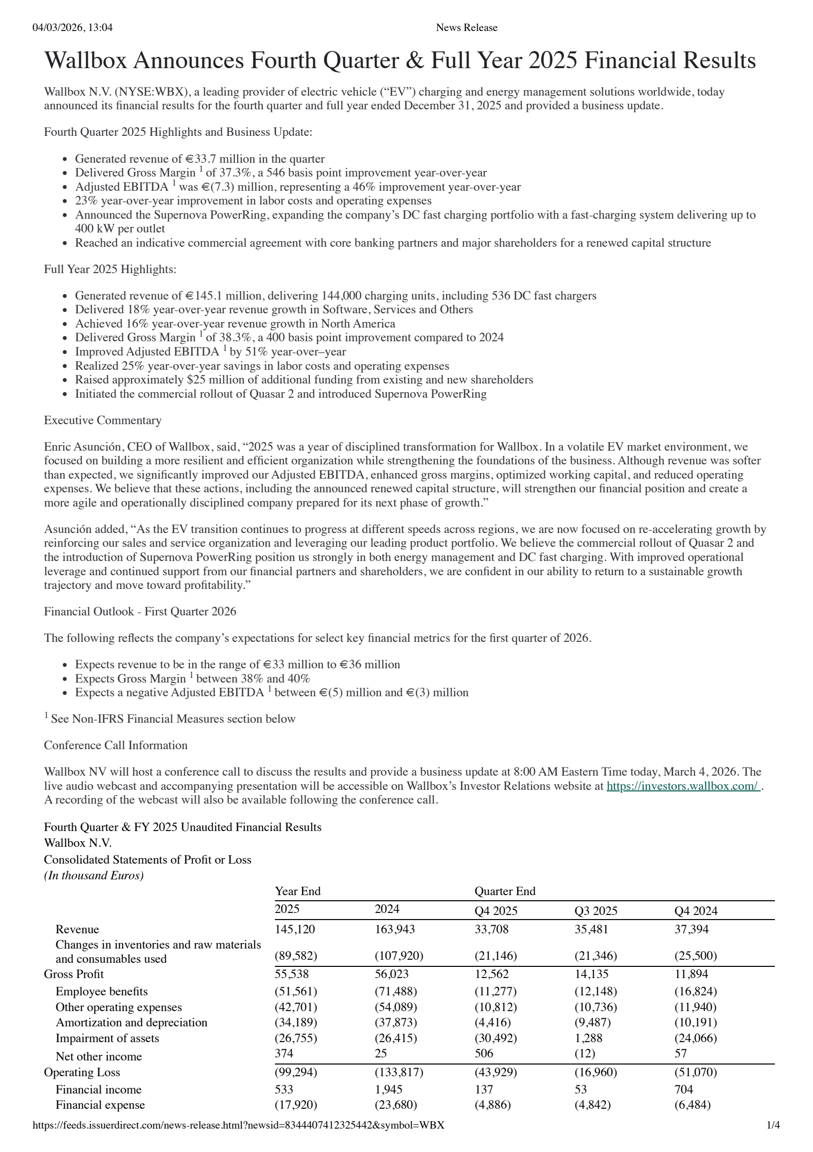 Wallbox's Q4 2025 Press Release