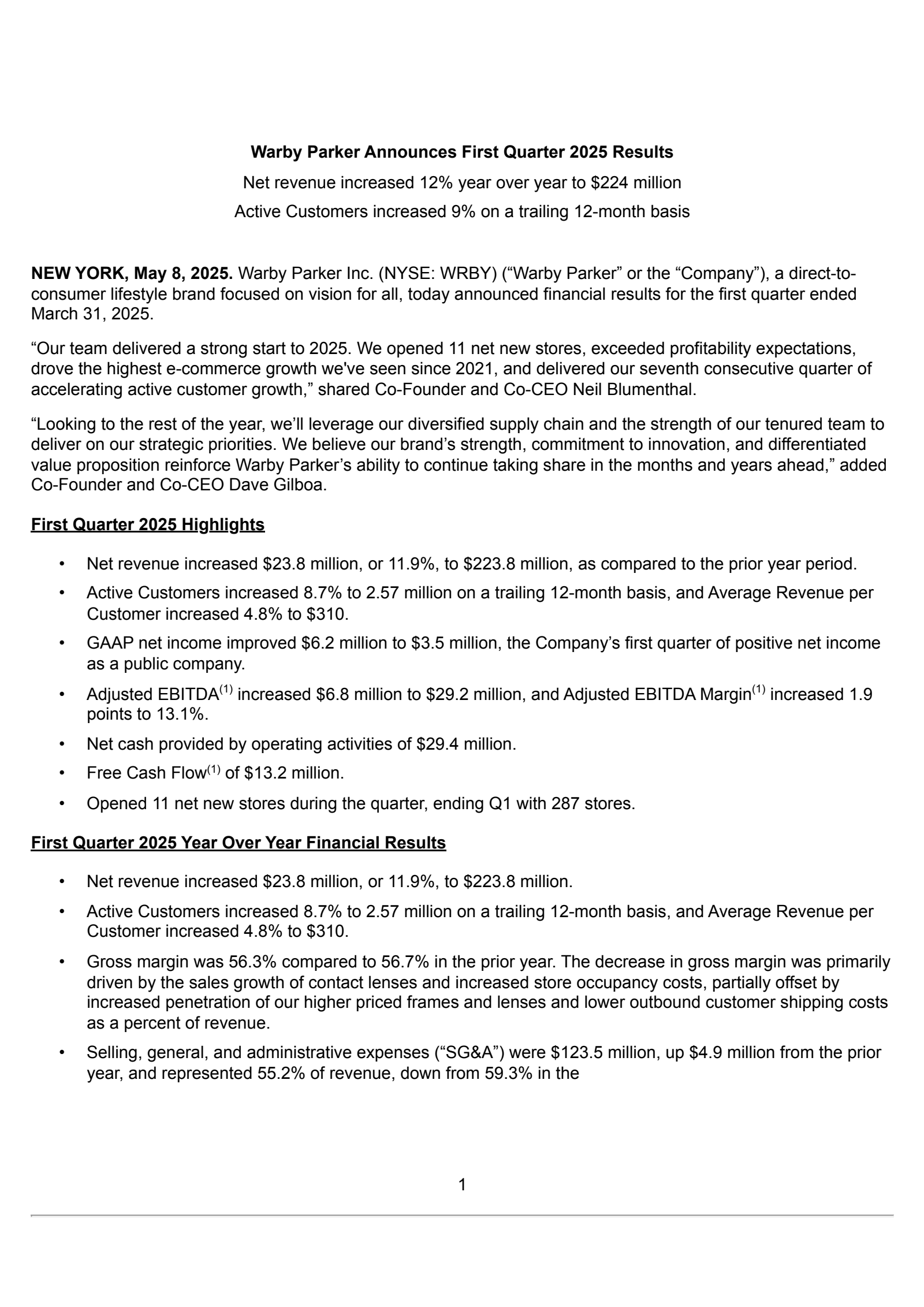 Warby Parker's Q1 2025 Press Release