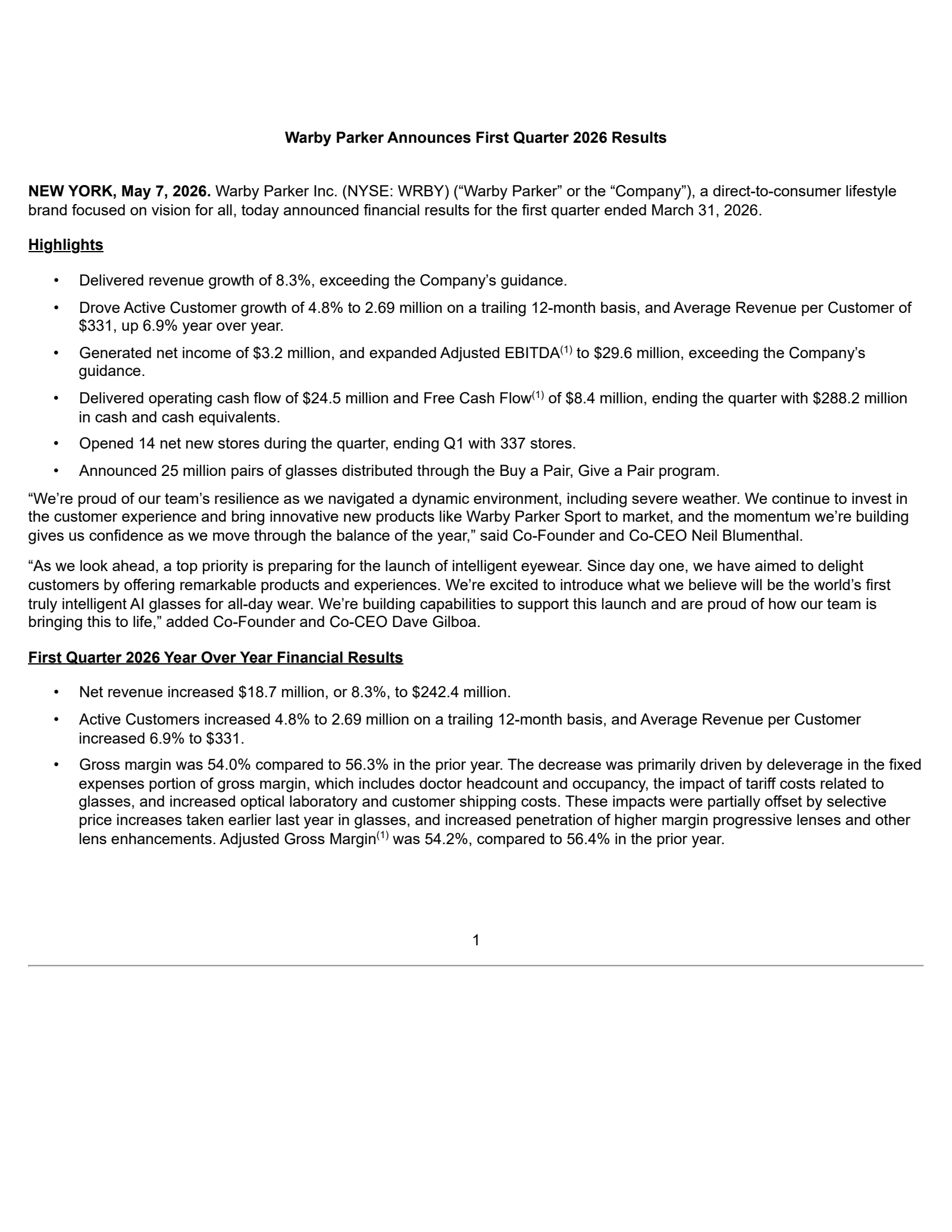 Warby Parker's Q1 2026 Press Release