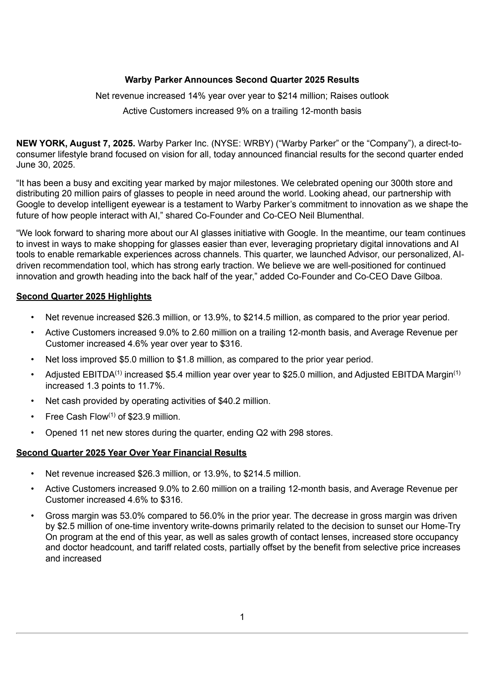 Warby Parker's Q2 2025 Press Release