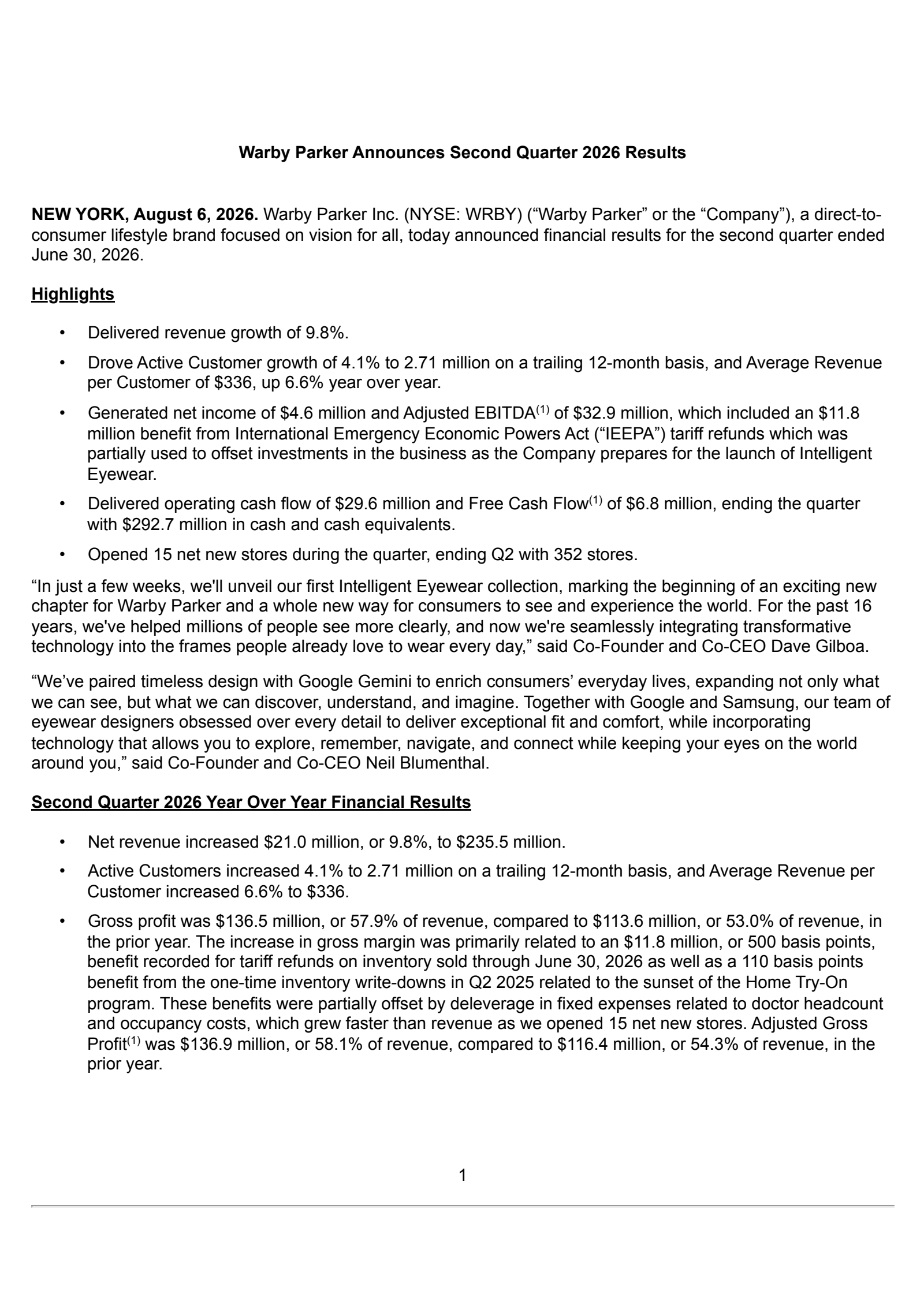 Warby Parker's Q2 2026 Press Release