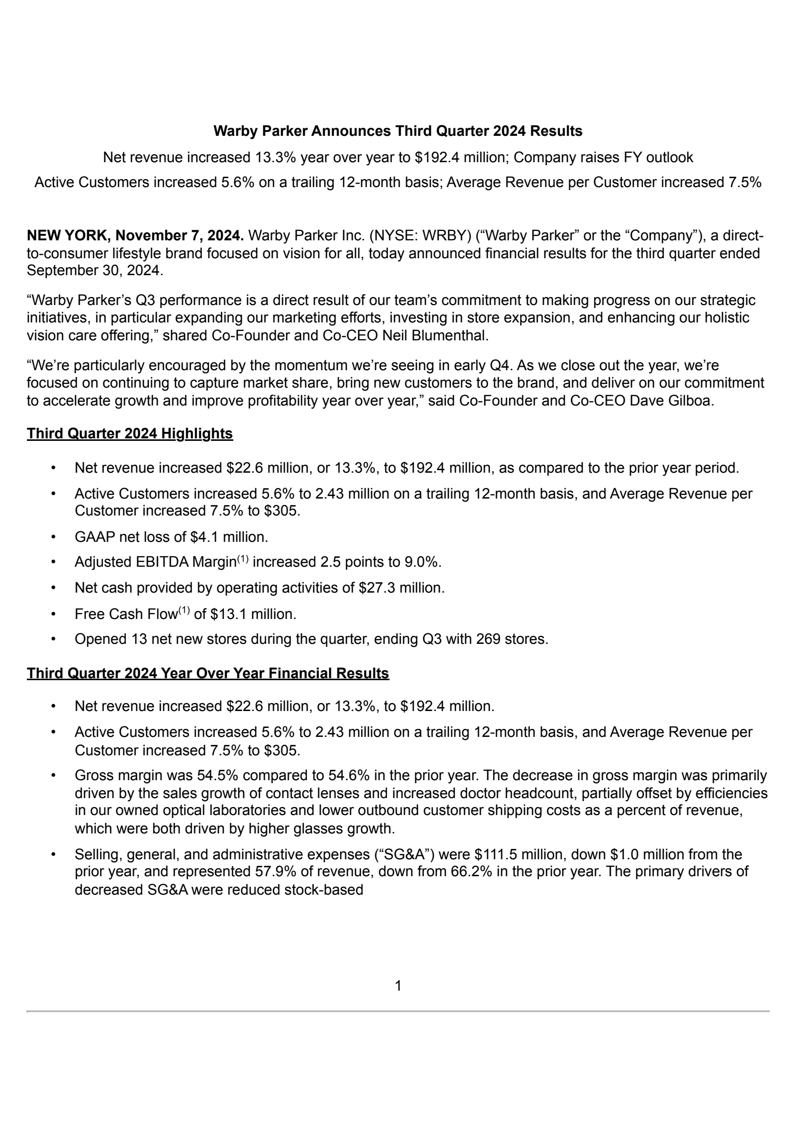 Warby Parker's Q3 2024 Press Release