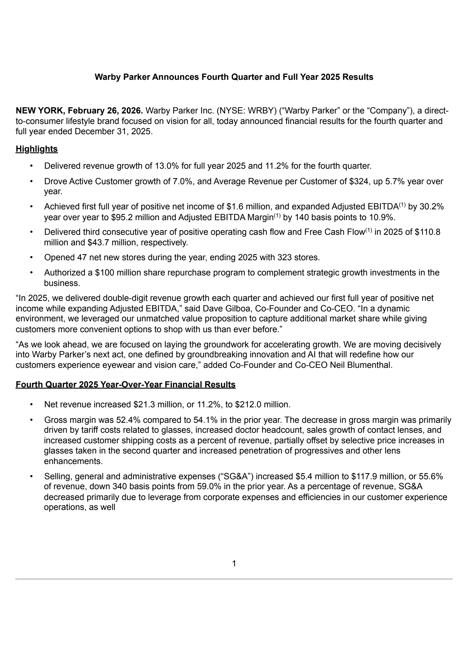 Warby Parker's Q4 2025 Press Release
