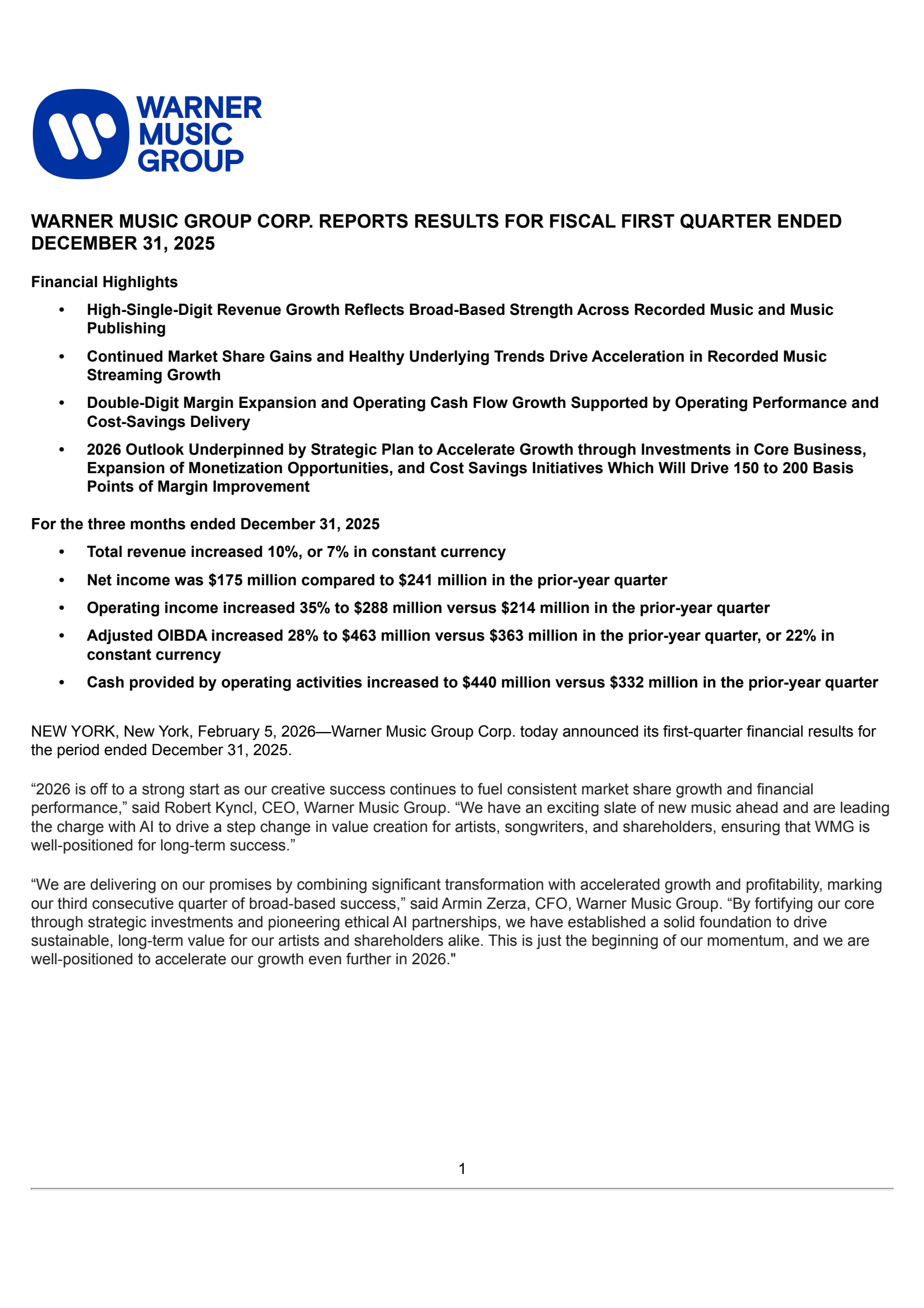 Warner Music Group's Q1 2026 Press Release