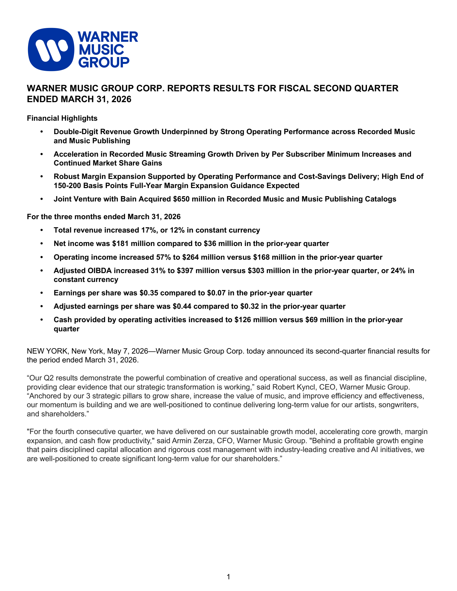 Warner Music Group's Q2 2026 Press Release