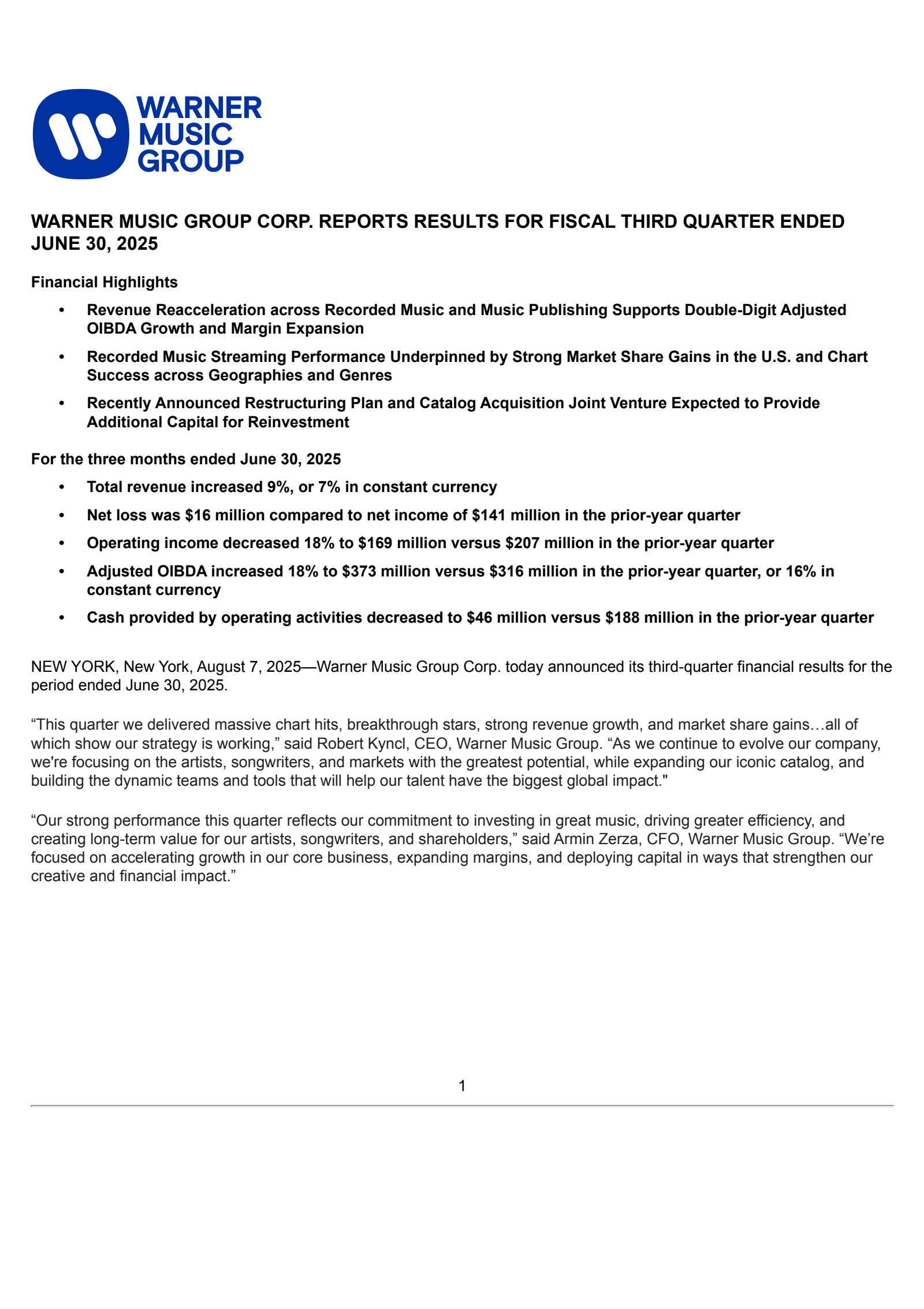 Warner Music Group's Q3 2025 Press Release