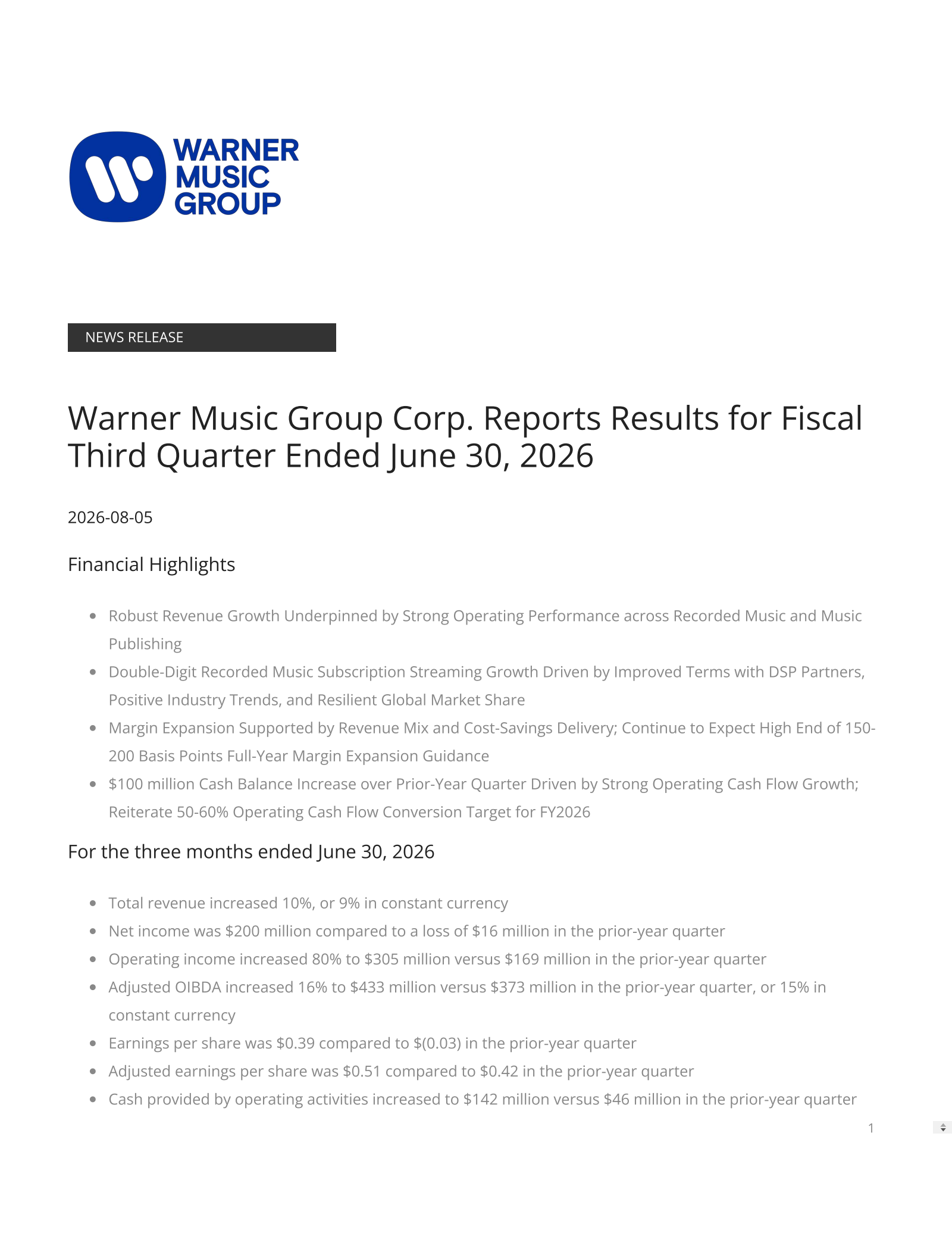 Warner Music Group's Q3 2026 Press Release
