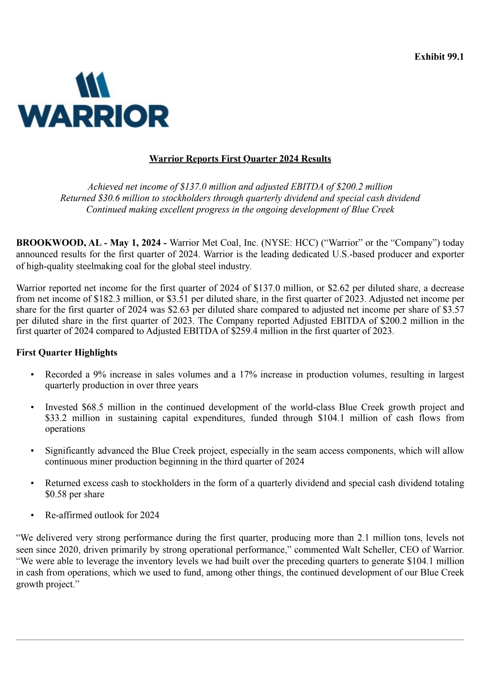 Warrior Met Coal's Q1 2024 Press Release