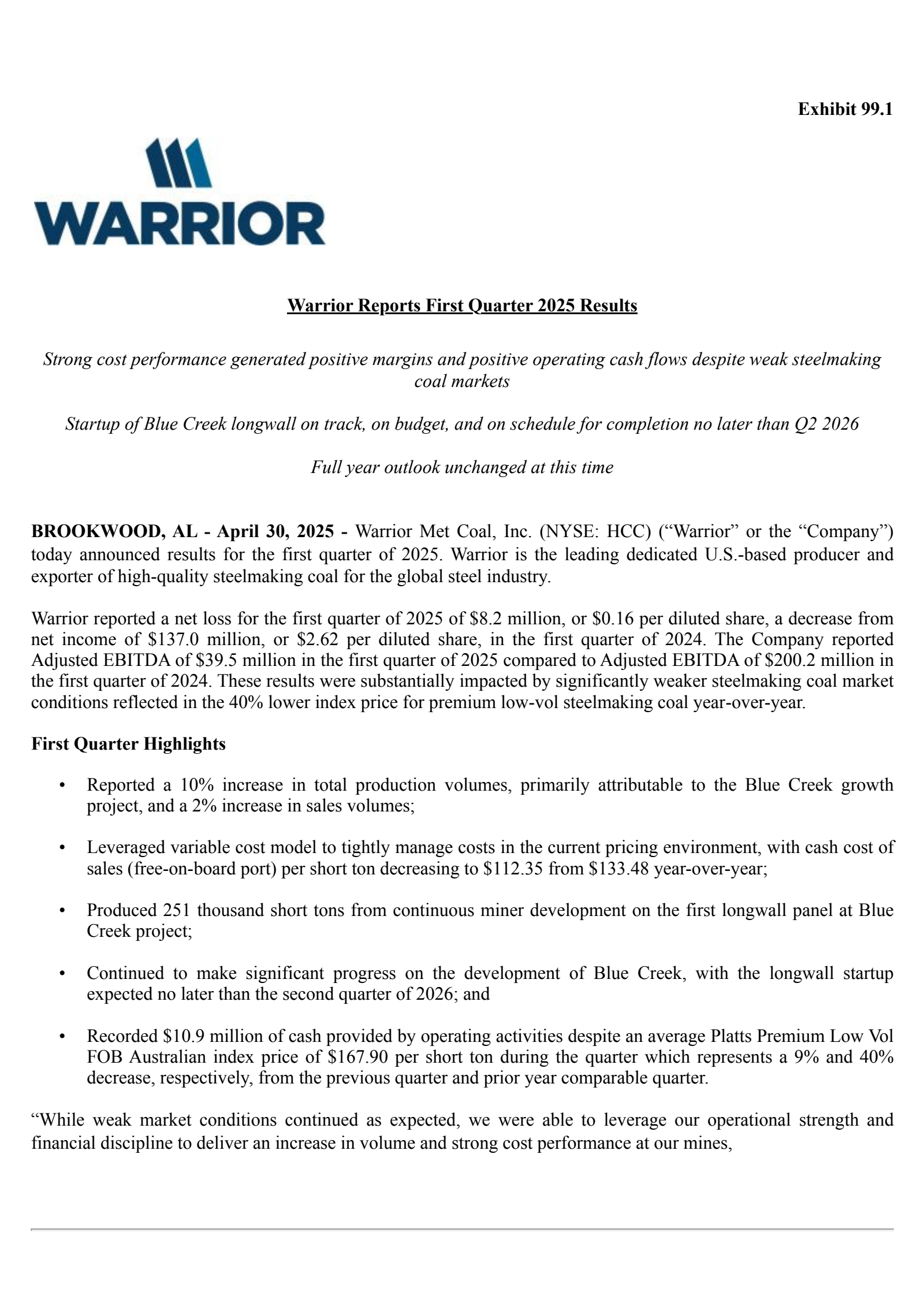 Warrior Met Coal's Q1 2025 Press Release