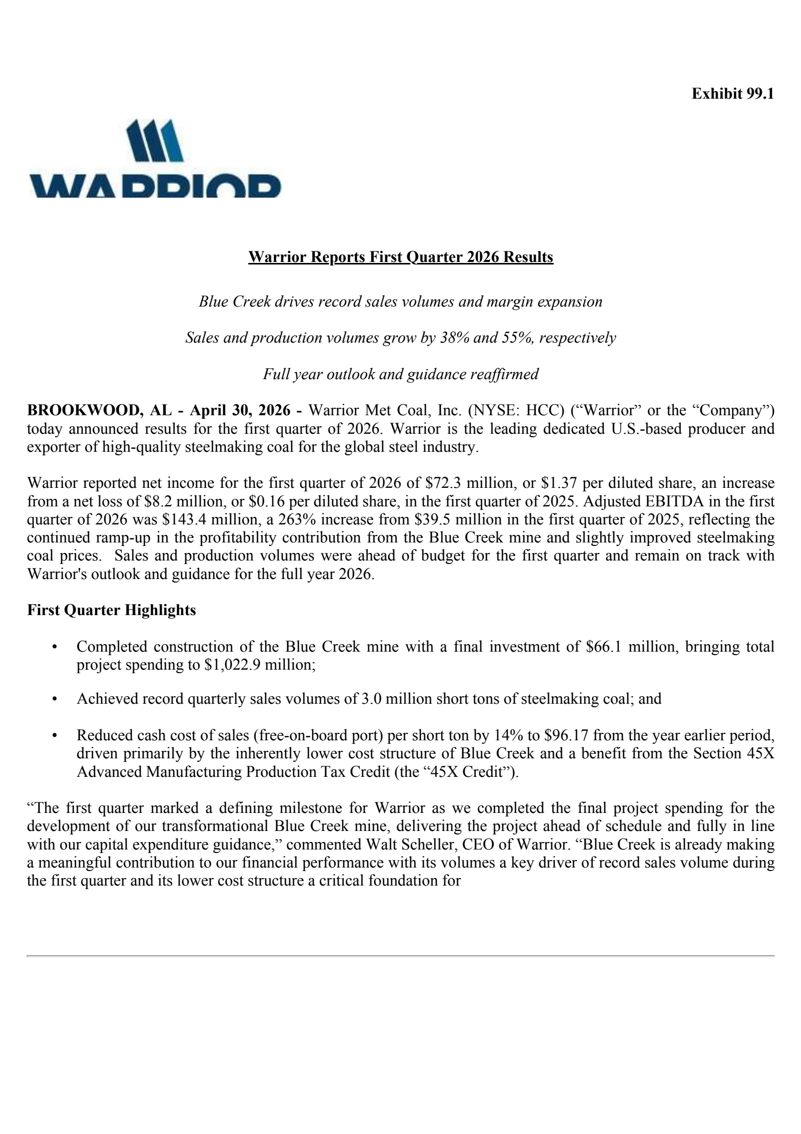 Warrior Met Coal's Q1 2026 Press Release