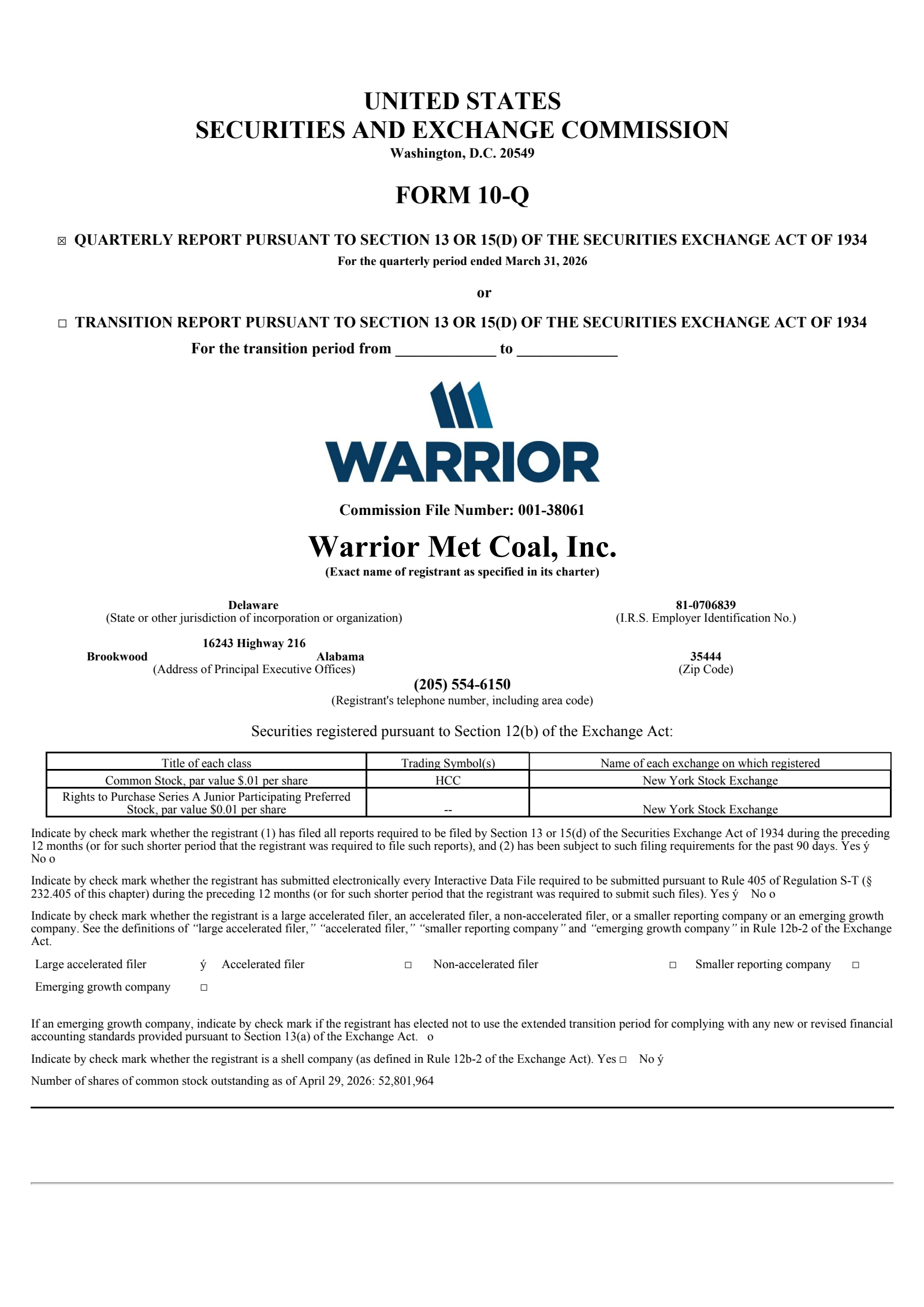 Warrior Met Coal's Q1 2026 Quarterly report