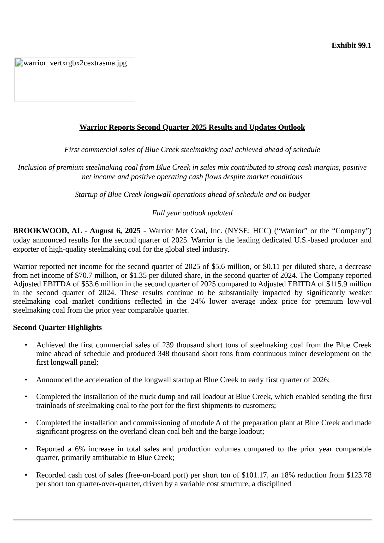 Warrior Met Coal's Q2 2025 Press Release
