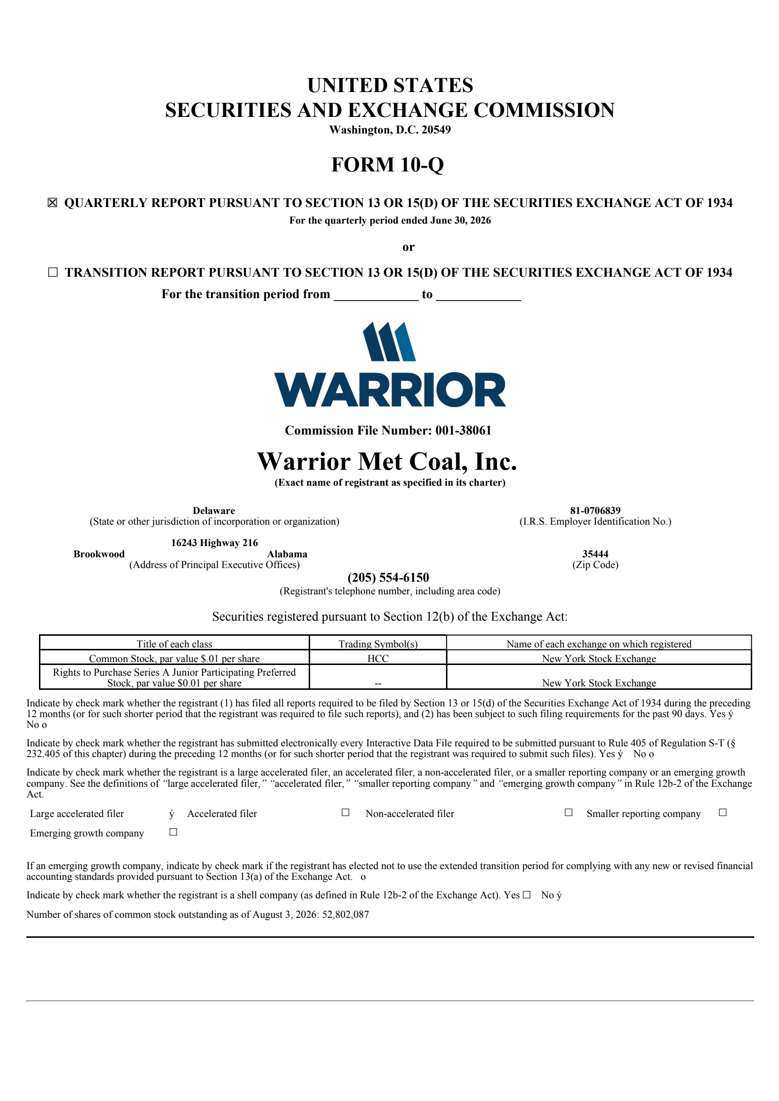Warrior Met Coal's Q2 2026 Quarterly report