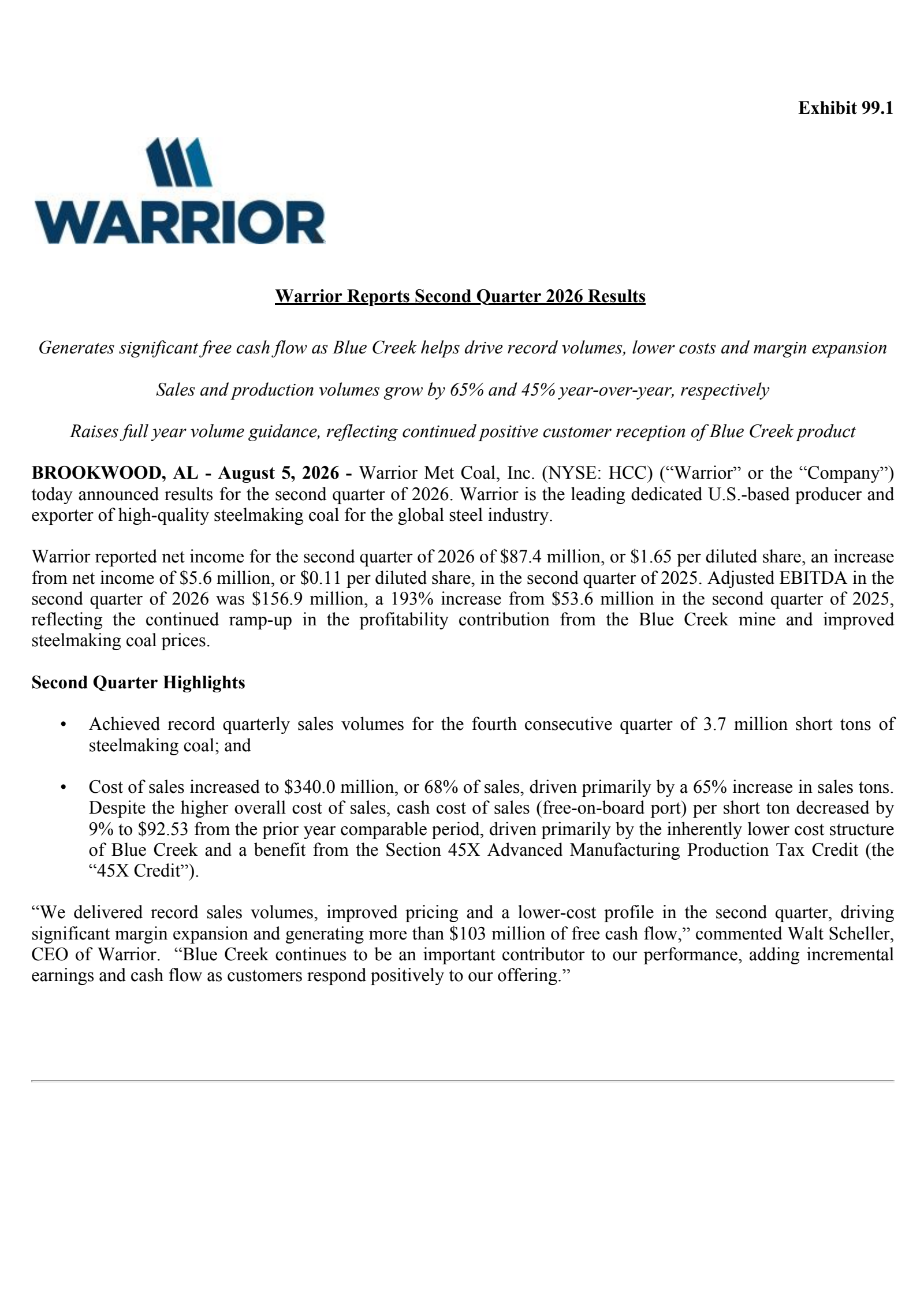 Warrior Met Coal's Q2 2026 Press Release