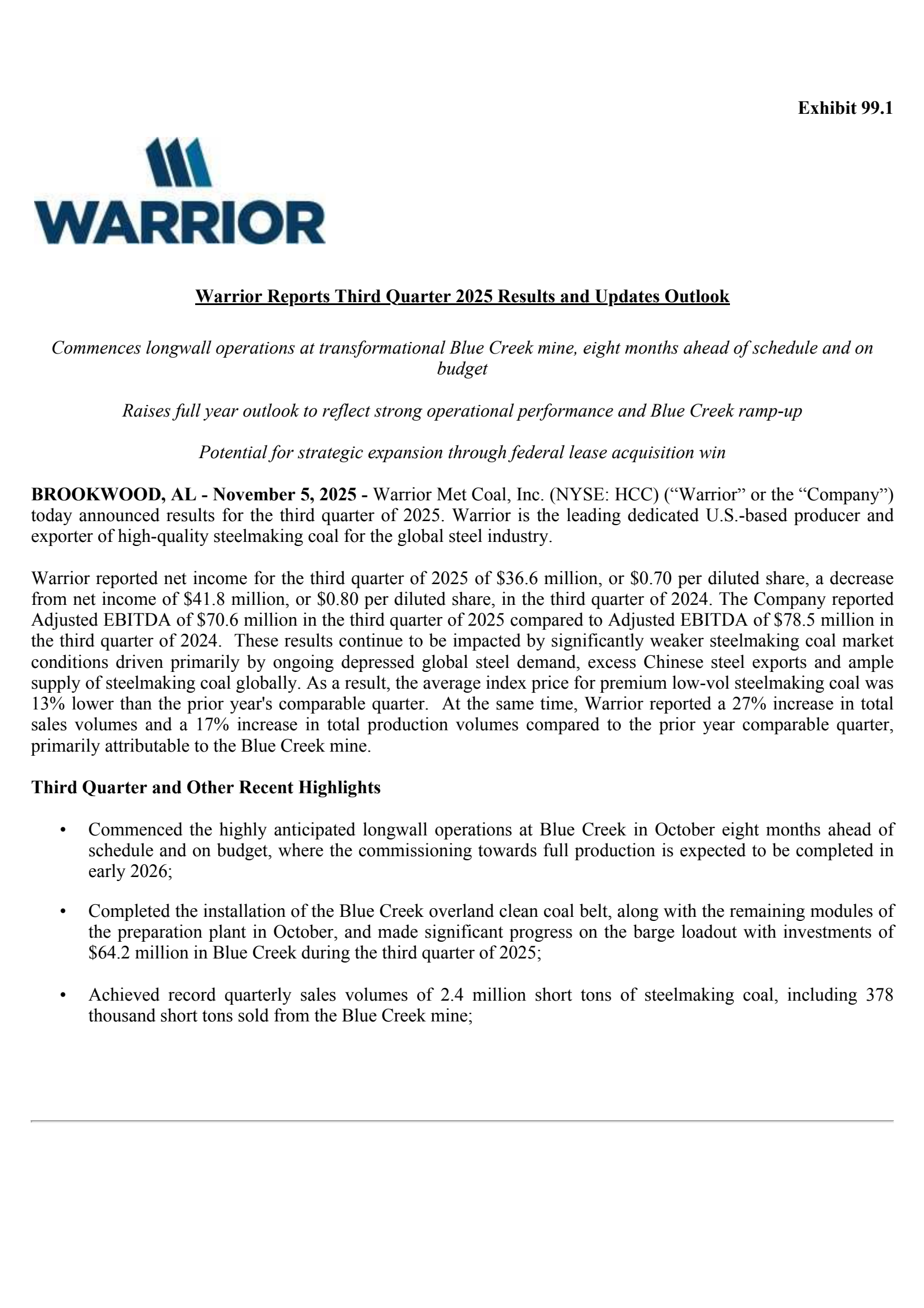 Warrior Met Coal's Q3 2025 Earnings Release